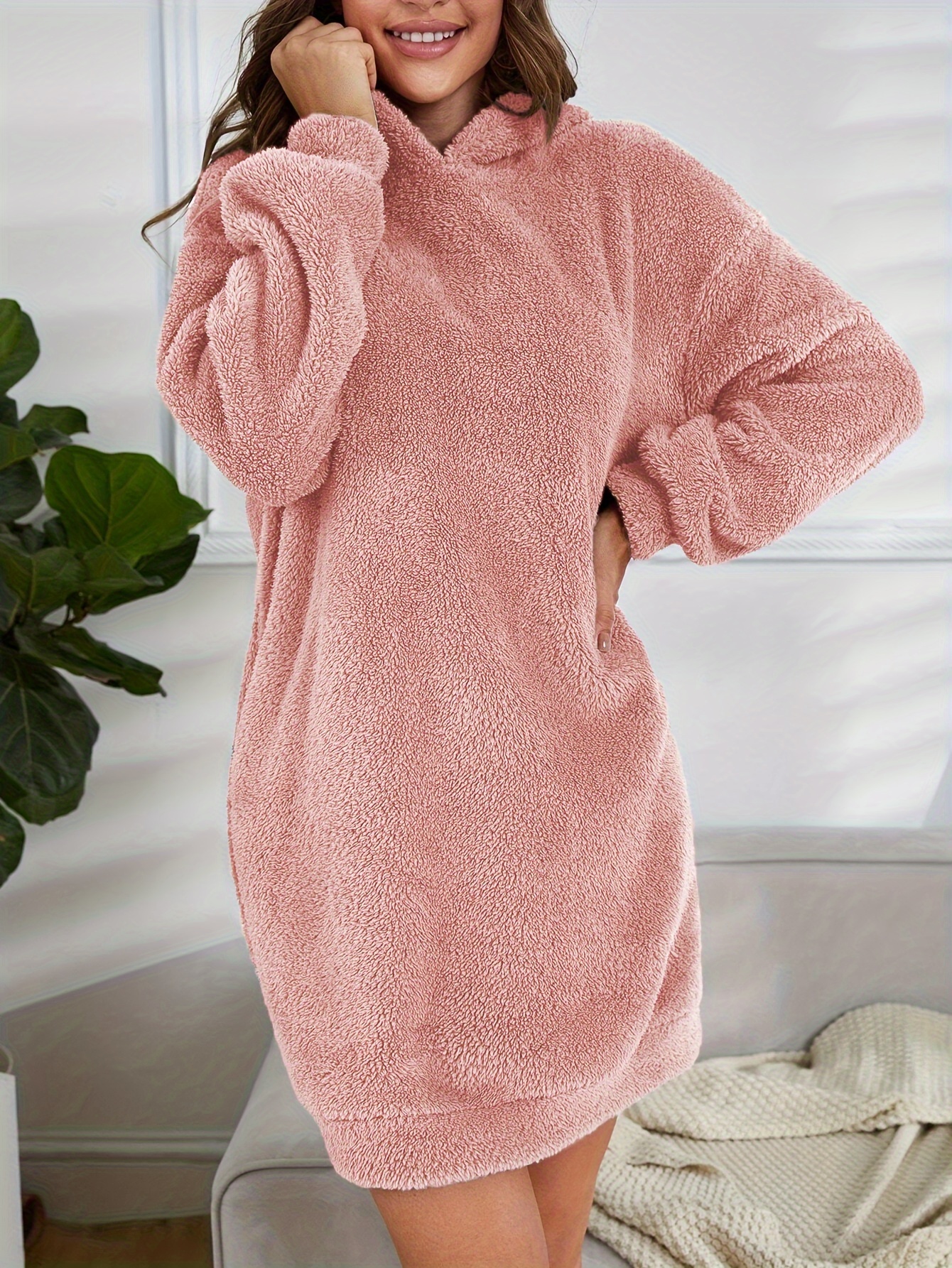 hooded teddy dress, hooded teddy dress casual long sleeve simple warm dress womens clothing details 12