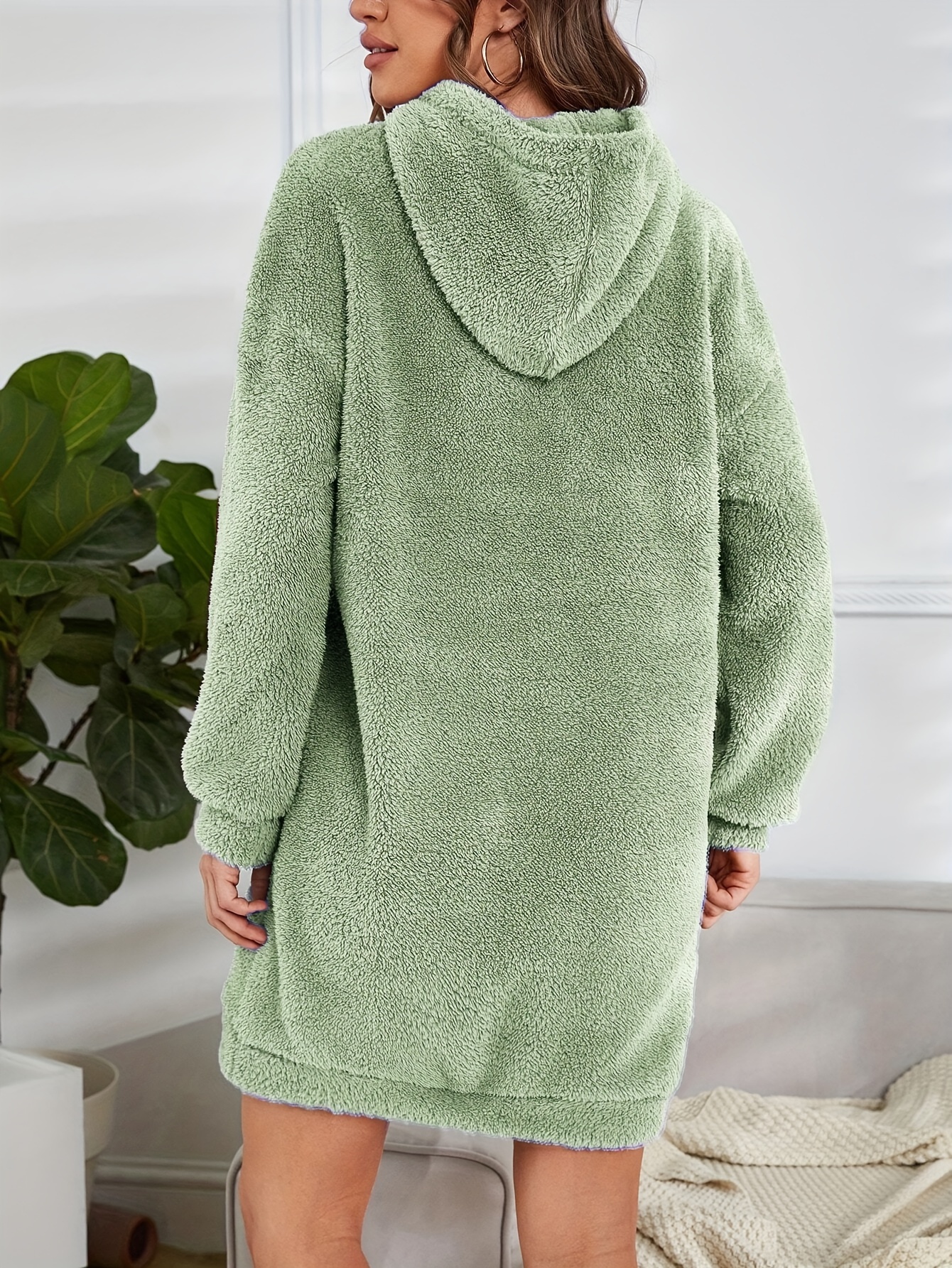 hooded teddy dress, hooded teddy dress casual long sleeve simple warm dress womens clothing details 29