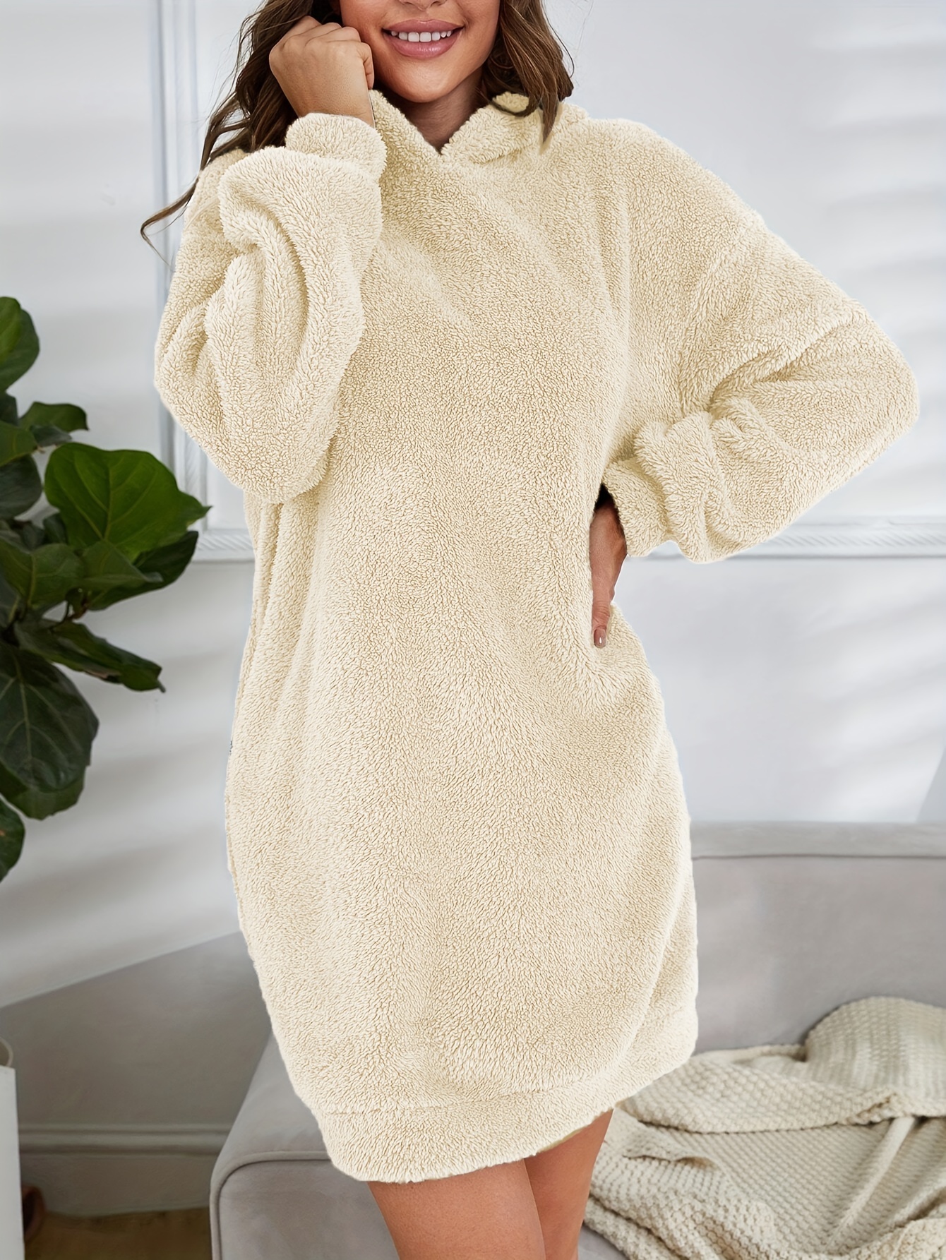 hooded teddy dress, hooded teddy dress casual long sleeve simple warm dress womens clothing details 33