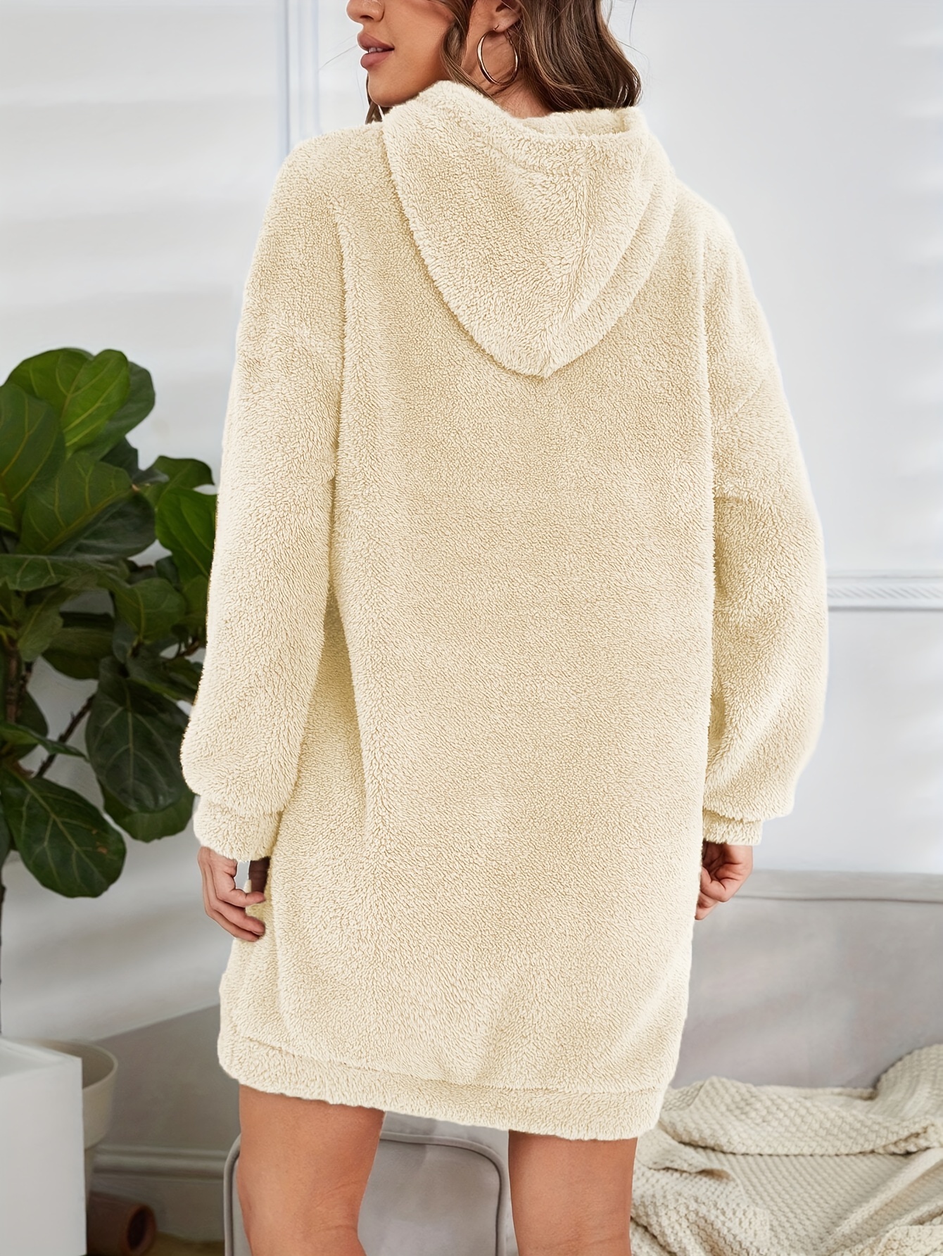 hooded teddy dress, hooded teddy dress casual long sleeve simple warm dress womens clothing details 34
