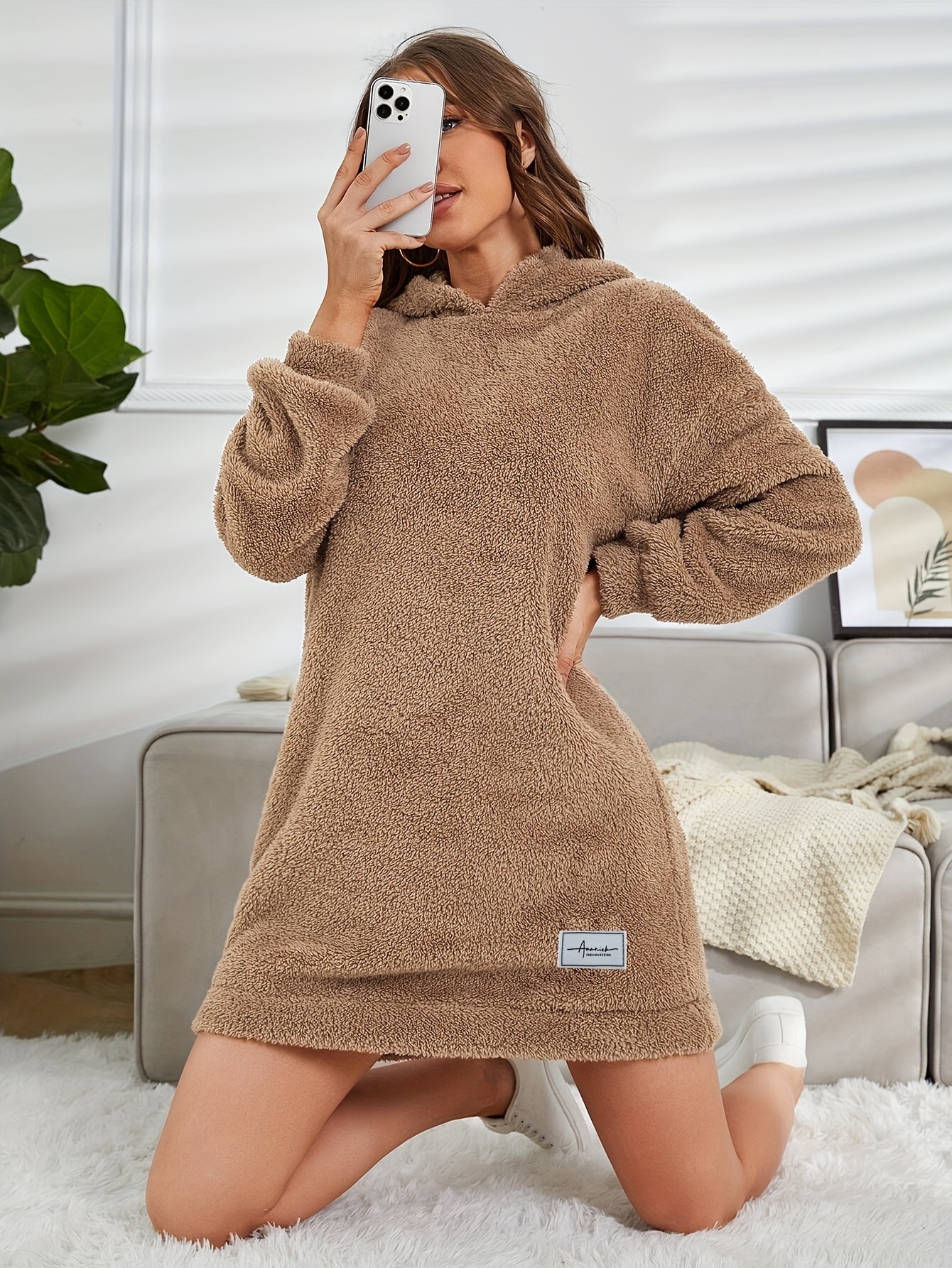hooded teddy dress, hooded teddy dress casual long sleeve simple warm dress womens clothing details 35