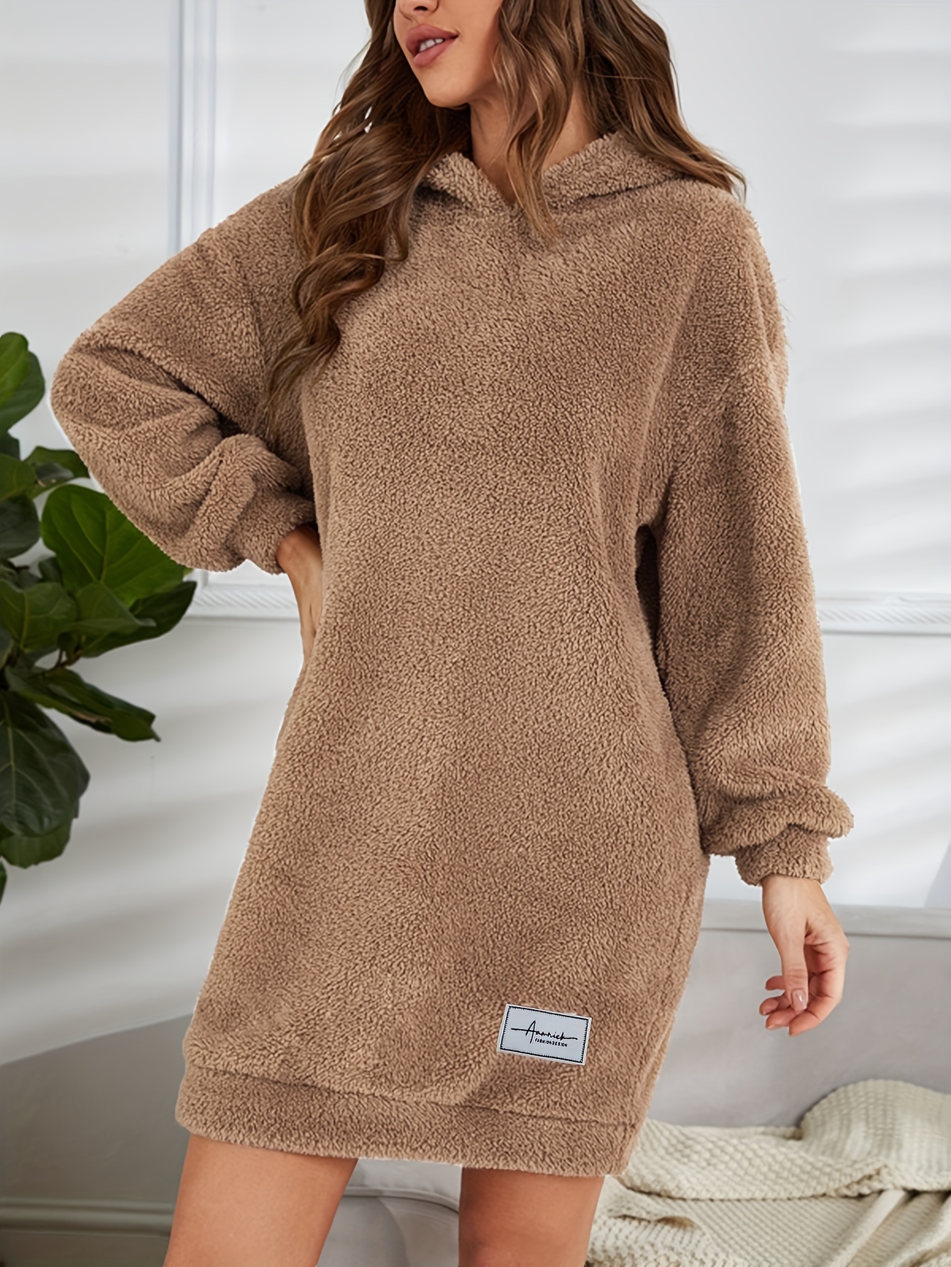hooded teddy dress, hooded teddy dress casual long sleeve simple warm dress womens clothing details 37
