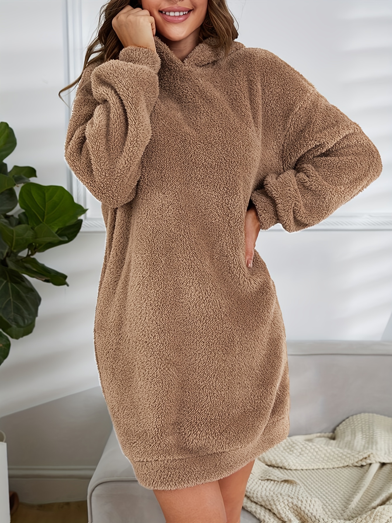 hooded teddy dress, hooded teddy dress casual long sleeve simple warm dress womens clothing details 38