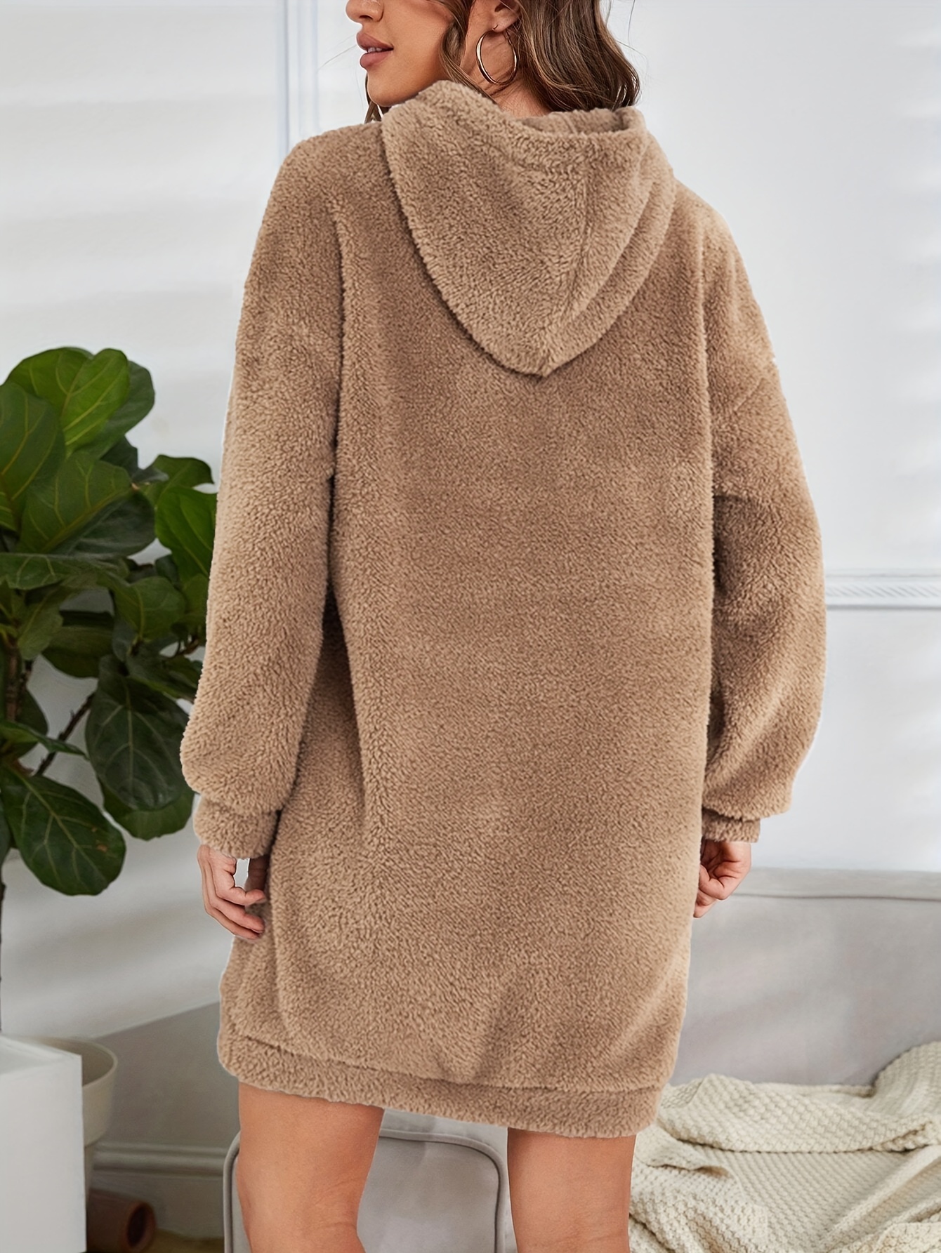 hooded teddy dress, hooded teddy dress casual long sleeve simple warm dress womens clothing details 39