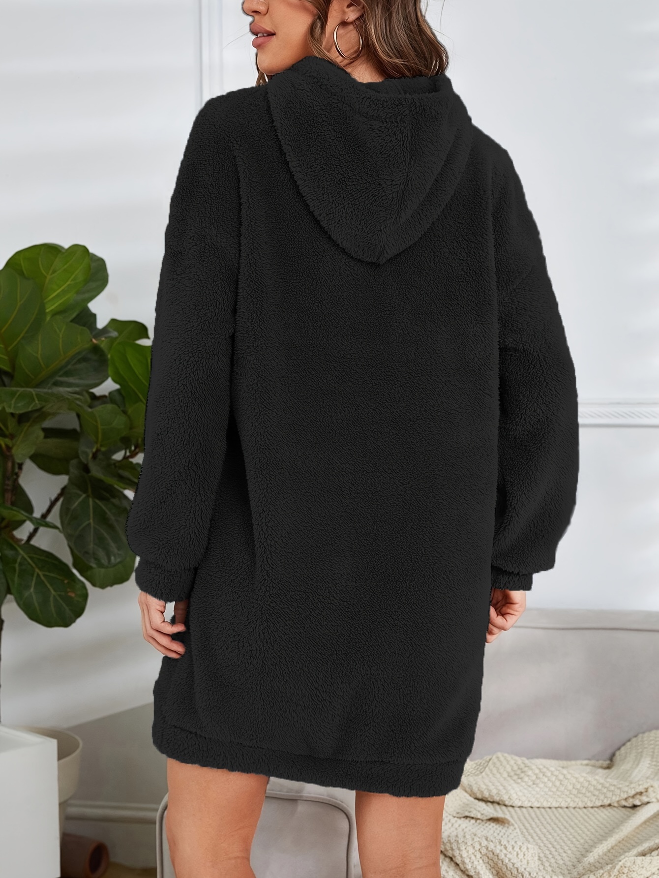 hooded teddy dress, hooded teddy dress casual long sleeve simple warm dress womens clothing details 44