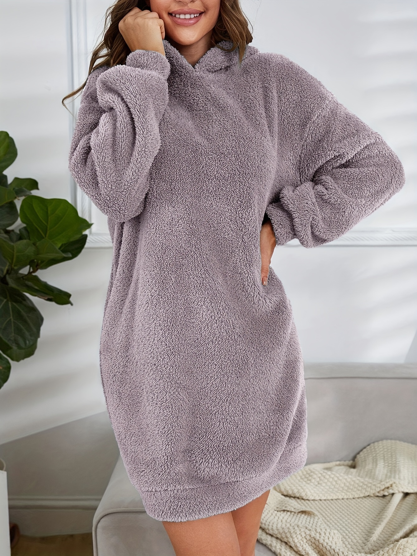 hooded teddy dress, hooded teddy dress casual long sleeve simple warm dress womens clothing details 46