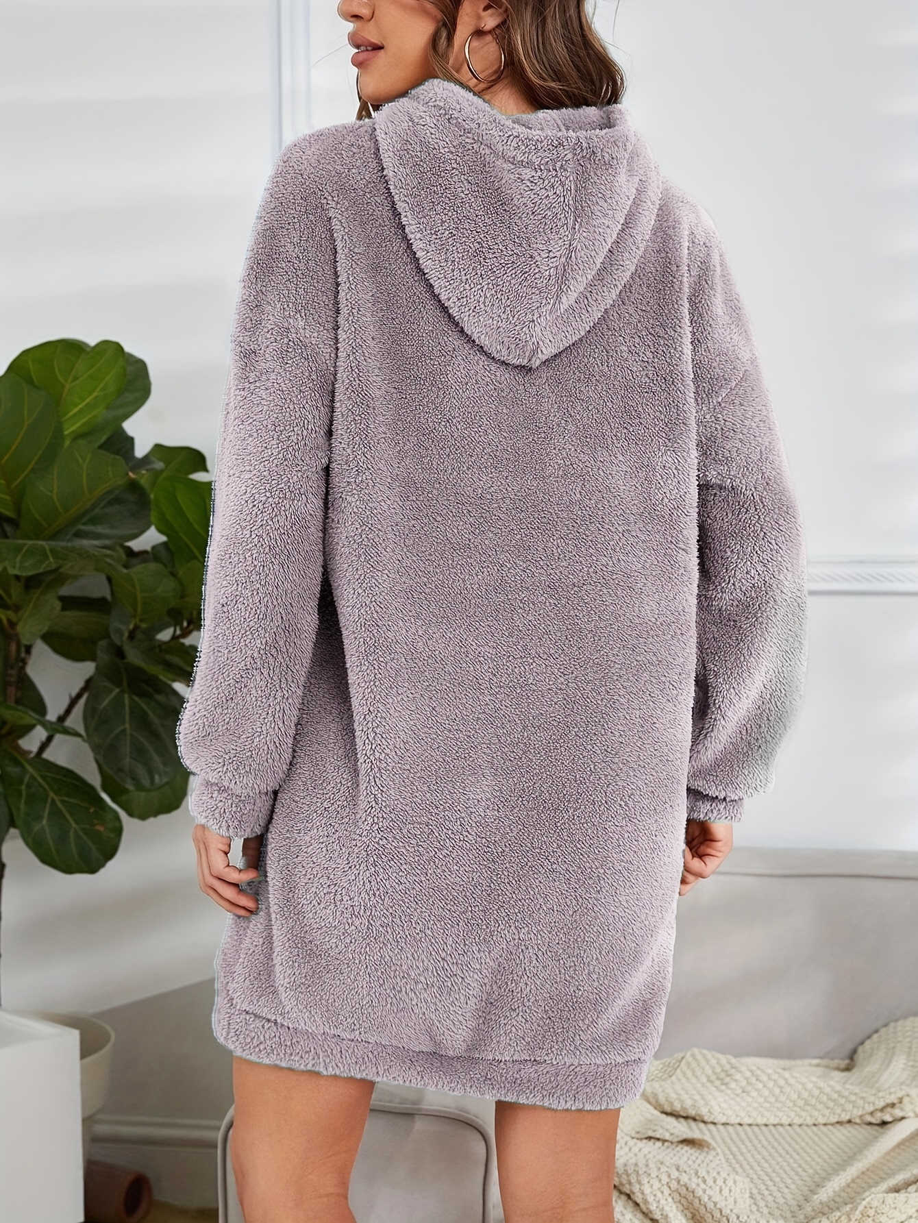 hooded teddy dress, hooded teddy dress casual long sleeve simple warm dress womens clothing details 49