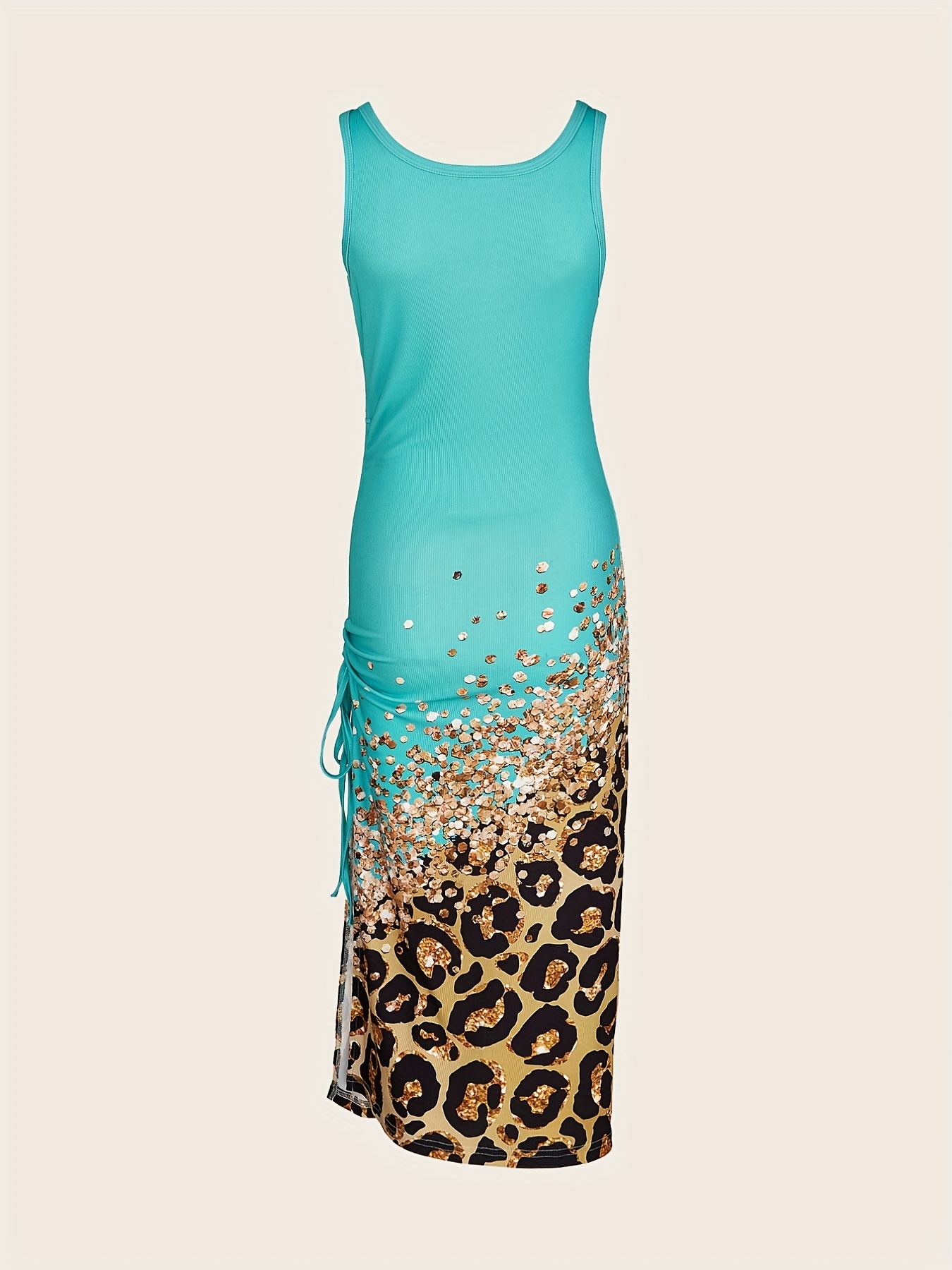 leopard print drawstring dress sexy crew neck sleeveless maxi dress womens clothing details 0