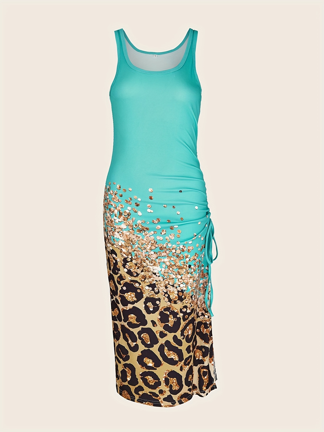 leopard print drawstring dress sexy crew neck sleeveless maxi dress womens clothing details 4
