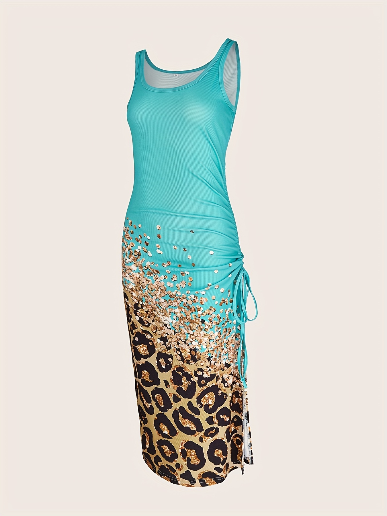 leopard print drawstring dress sexy crew neck sleeveless maxi dress womens clothing details 5