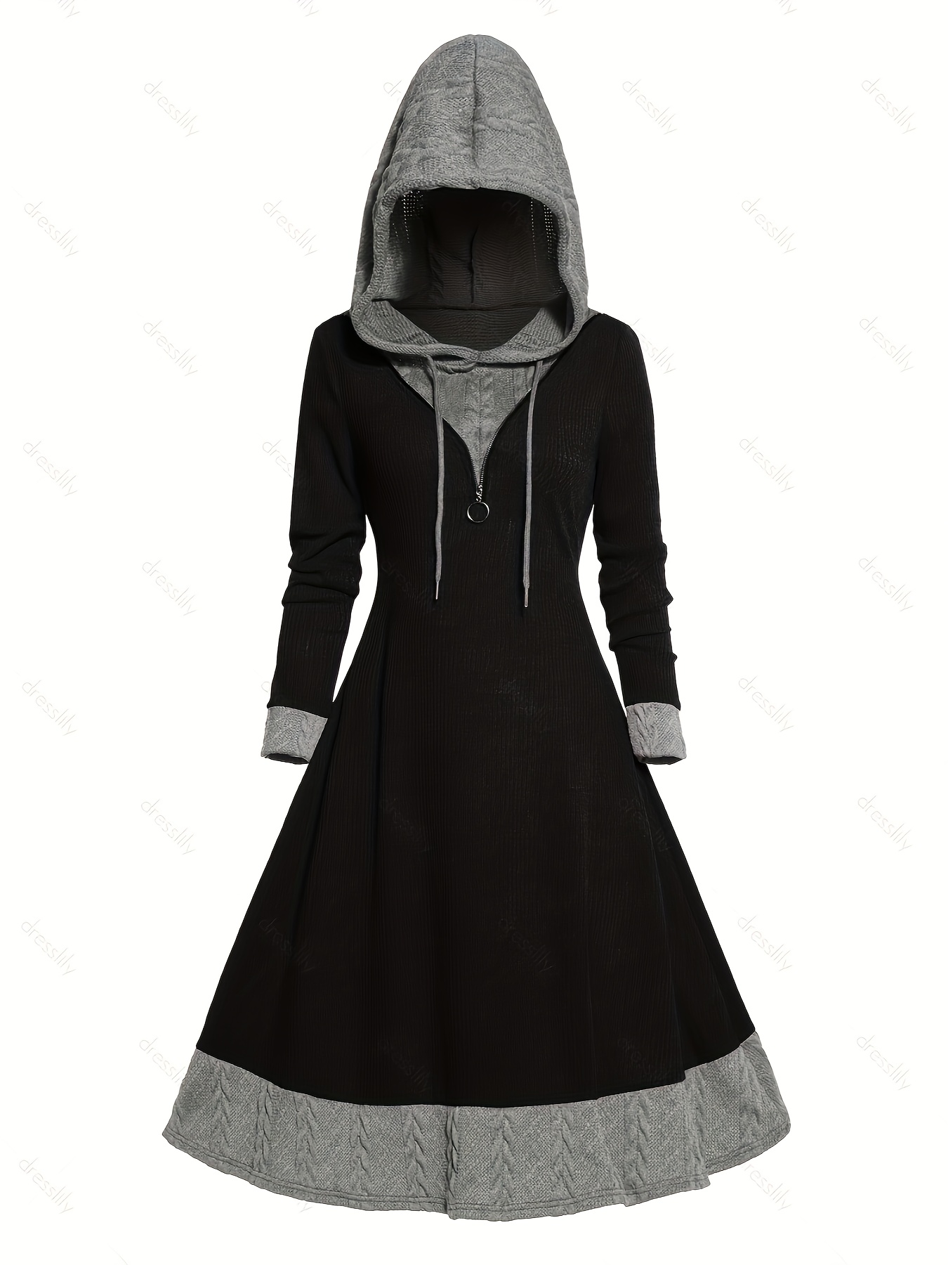 contrast trim drawstring hooded dress casual long sleeve dress for spring fall womens clothing details 6