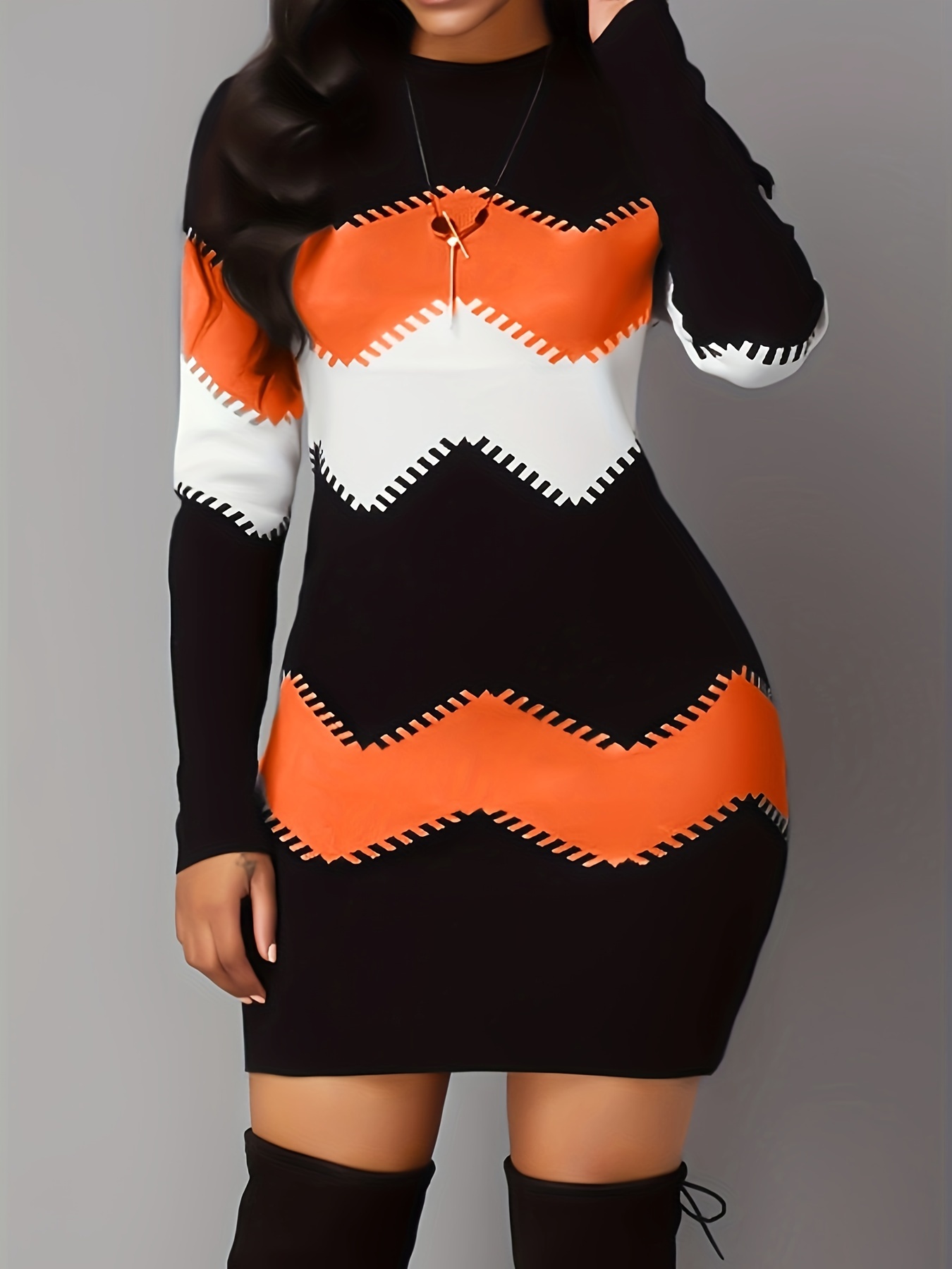color block simple dress casual long sleeve bodycon mini dress womens clothing details 0
