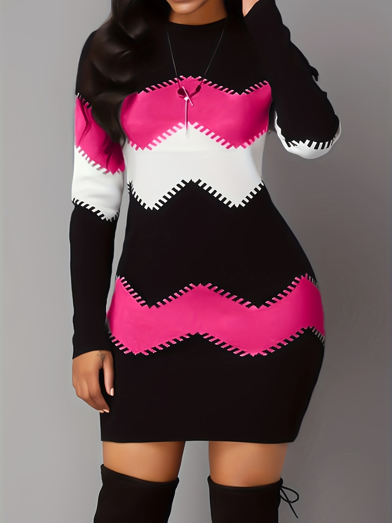 color block simple dress casual long sleeve bodycon mini dress womens clothing details 6