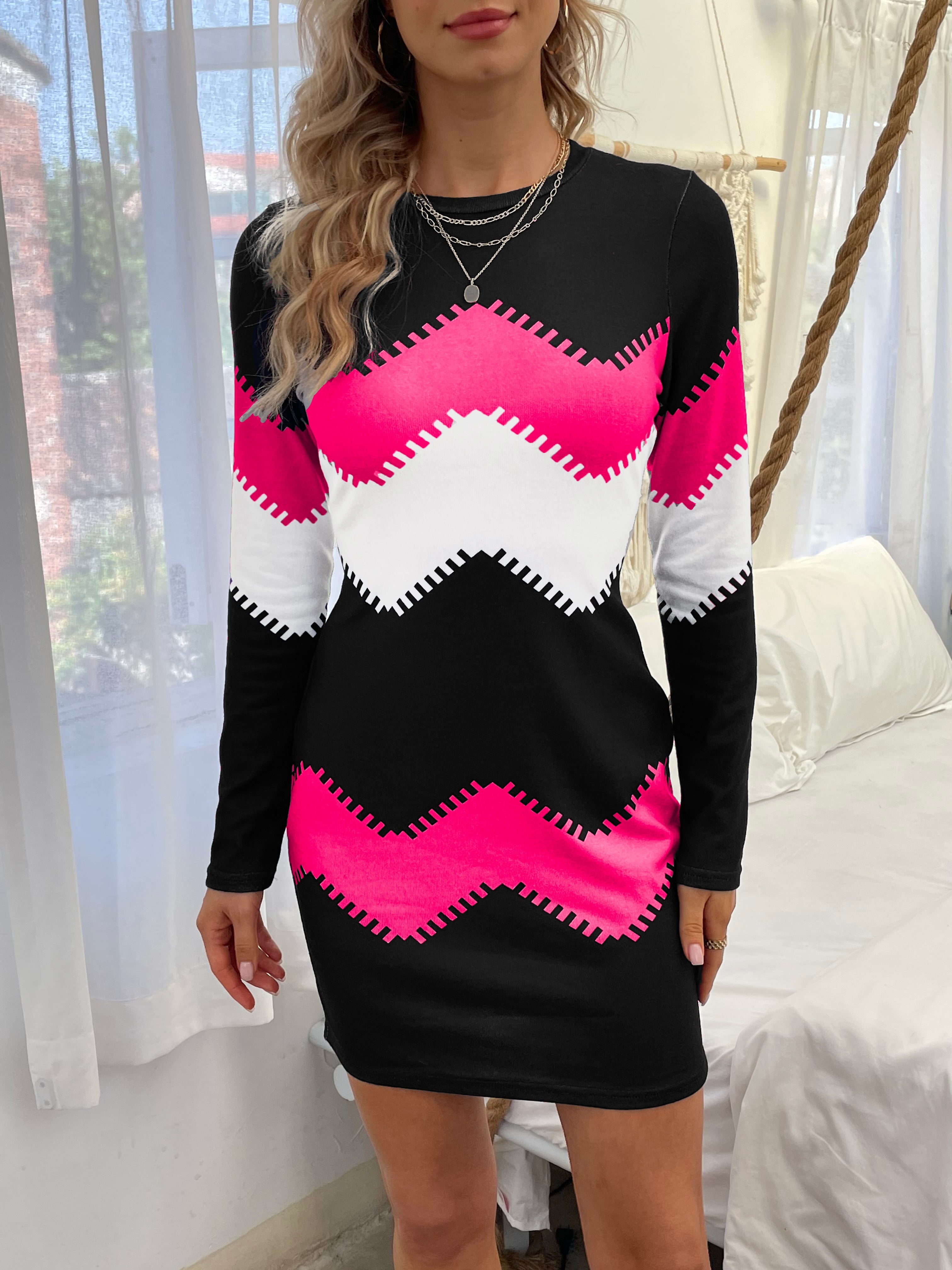 color block simple dress casual long sleeve bodycon mini dress womens clothing details 8