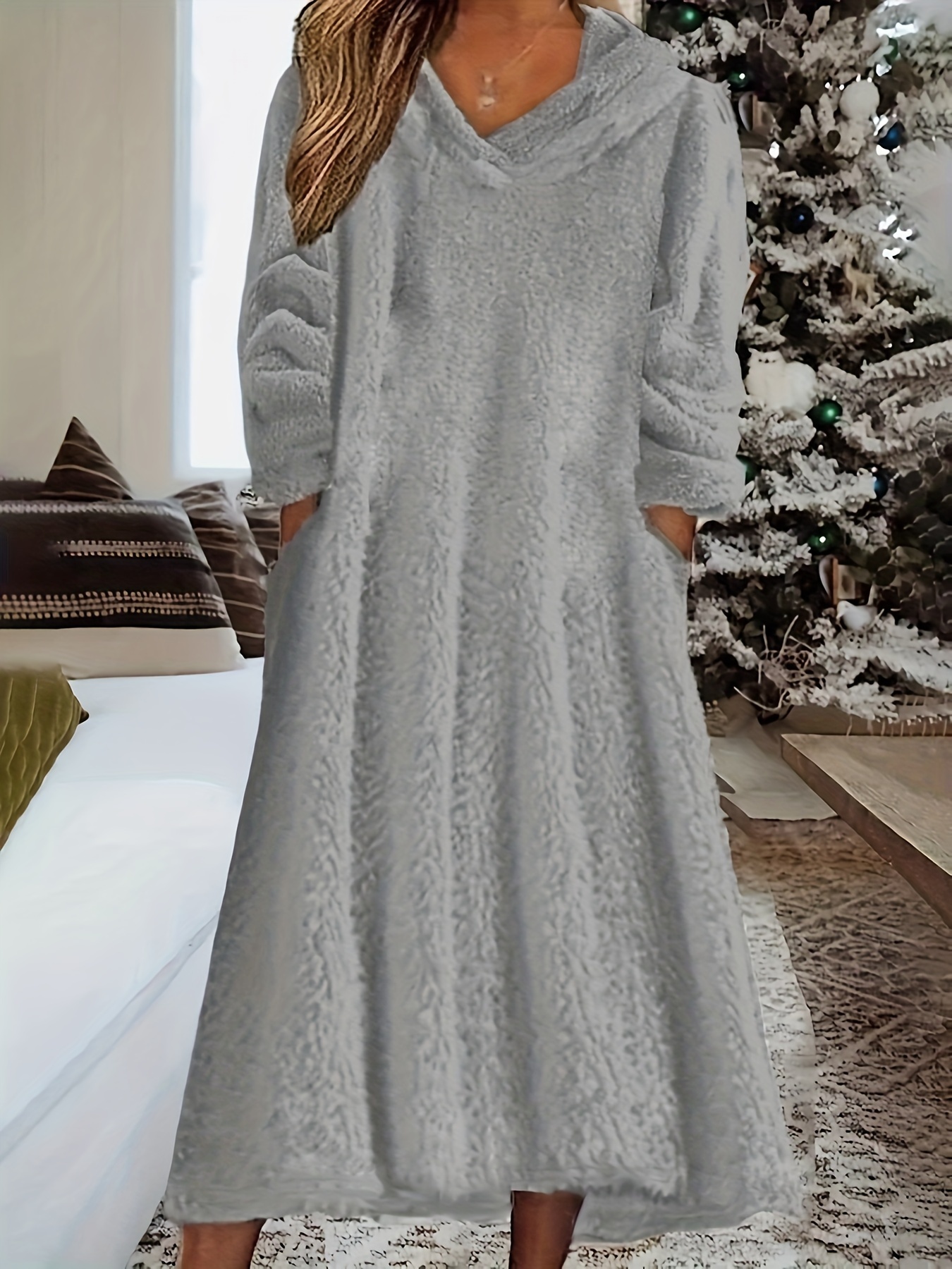 teddy hooded dress casual long sleeve winter warm dress womens clothing details 3