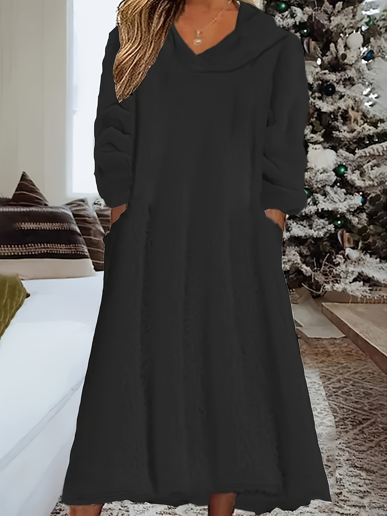 teddy hooded dress casual long sleeve winter warm dress womens clothing details 6
