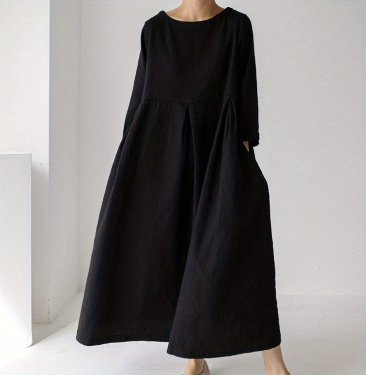 solid pleated hem maxi dress 3 4 sleeve loose crew neck dress casual dresses for spring fall womens clothing details 8