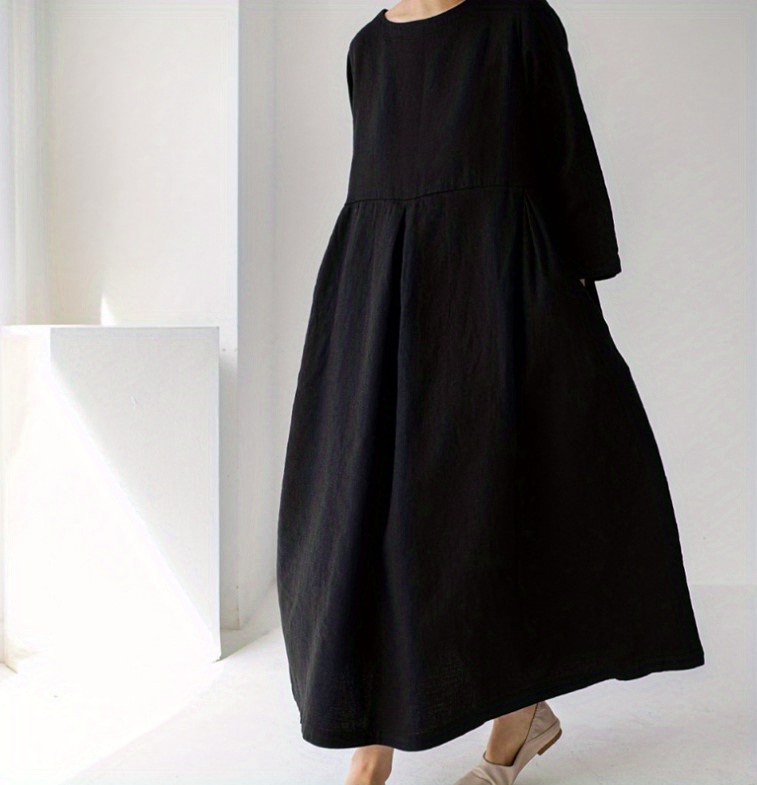 solid pleated hem maxi dress 3 4 sleeve loose crew neck dress casual dresses for spring fall womens clothing details 9