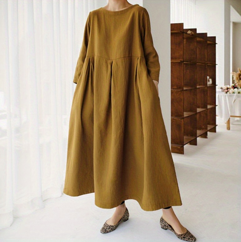 solid pleated hem maxi dress 3 4 sleeve loose crew neck dress casual dresses for spring fall womens clothing details 10