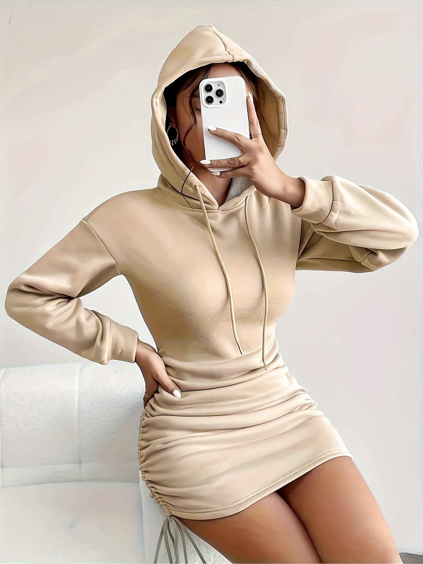 drawstring hoodie ruched dress casual long sleeve dress for spring fall womens clothing details 4