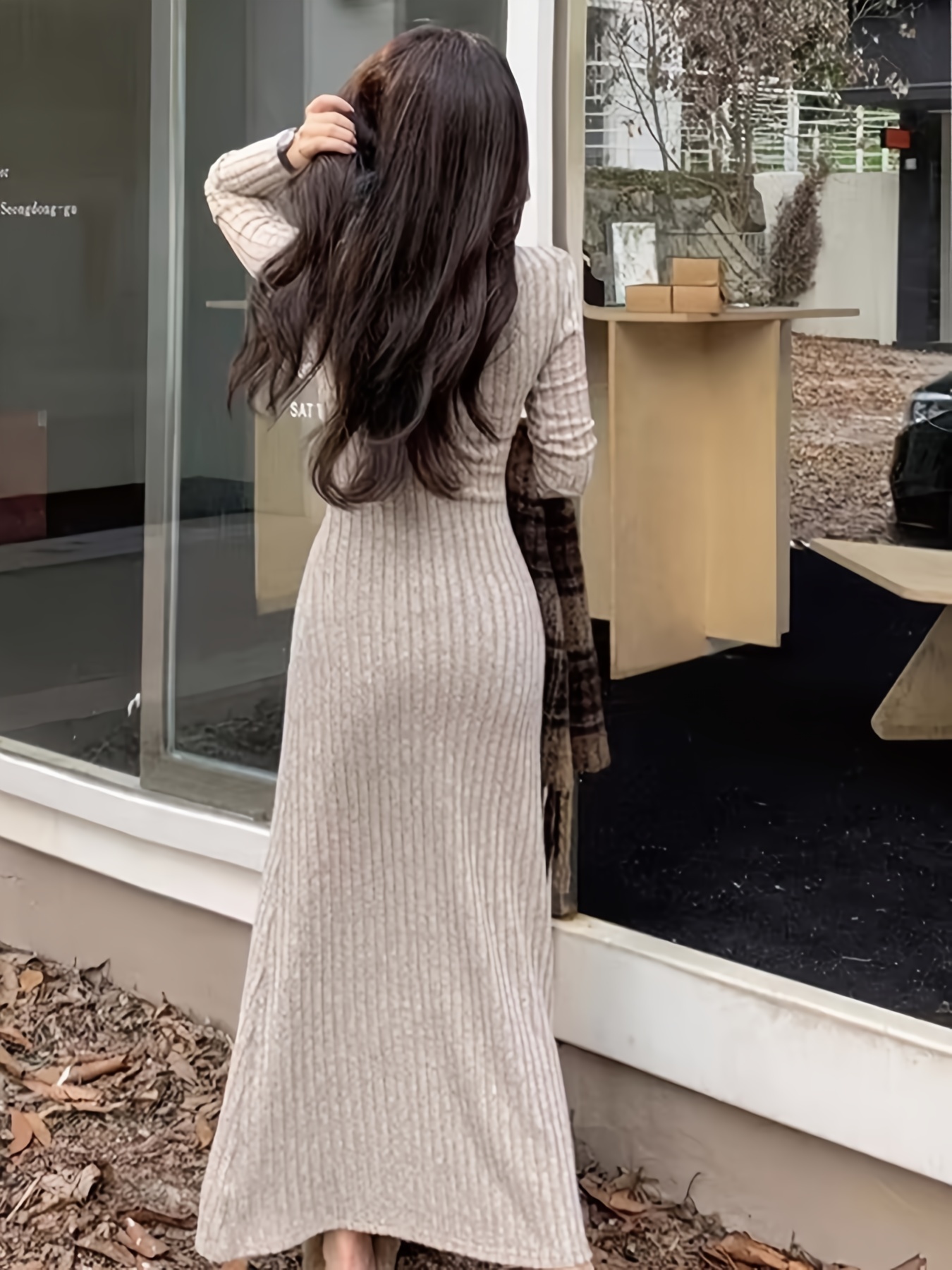 ribbed v neck dress, ribbed v neck dress casual long sleeve dress for fall winter womens clothing details 5