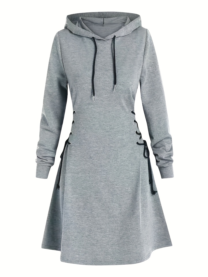 drawstring hooded dress, drawstring hooded dress casual long sleeve solid dress womens clothing details 0