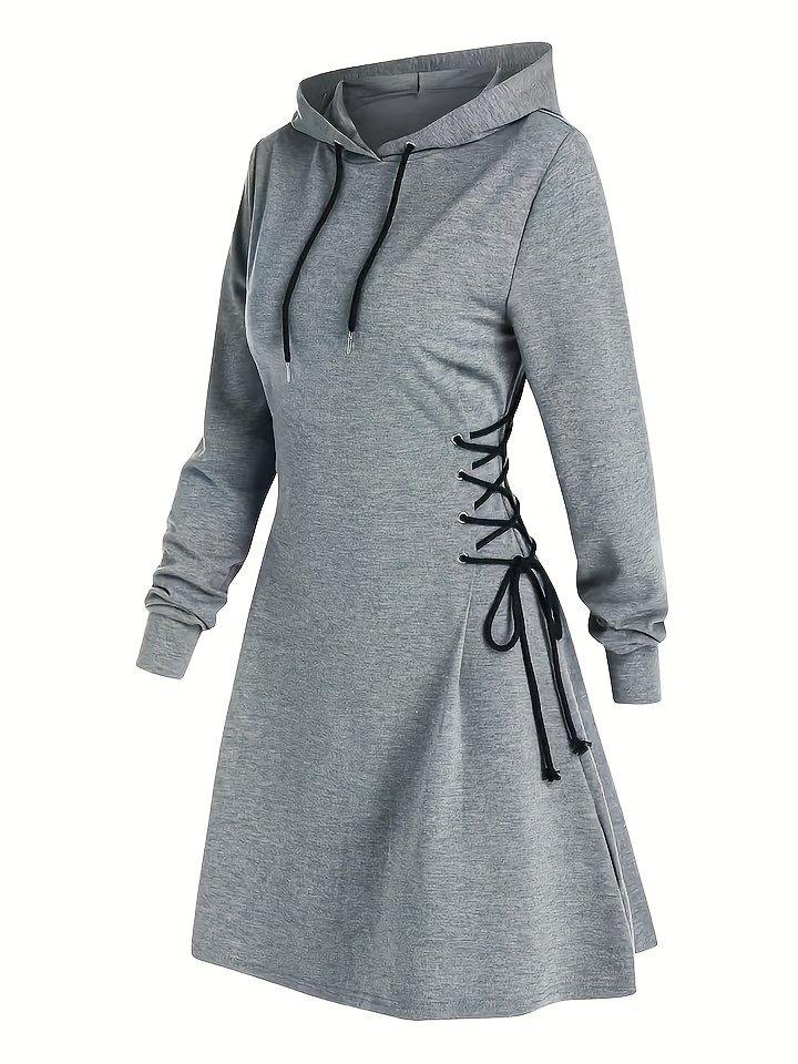 drawstring hooded dress, drawstring hooded dress casual long sleeve solid dress womens clothing details 2