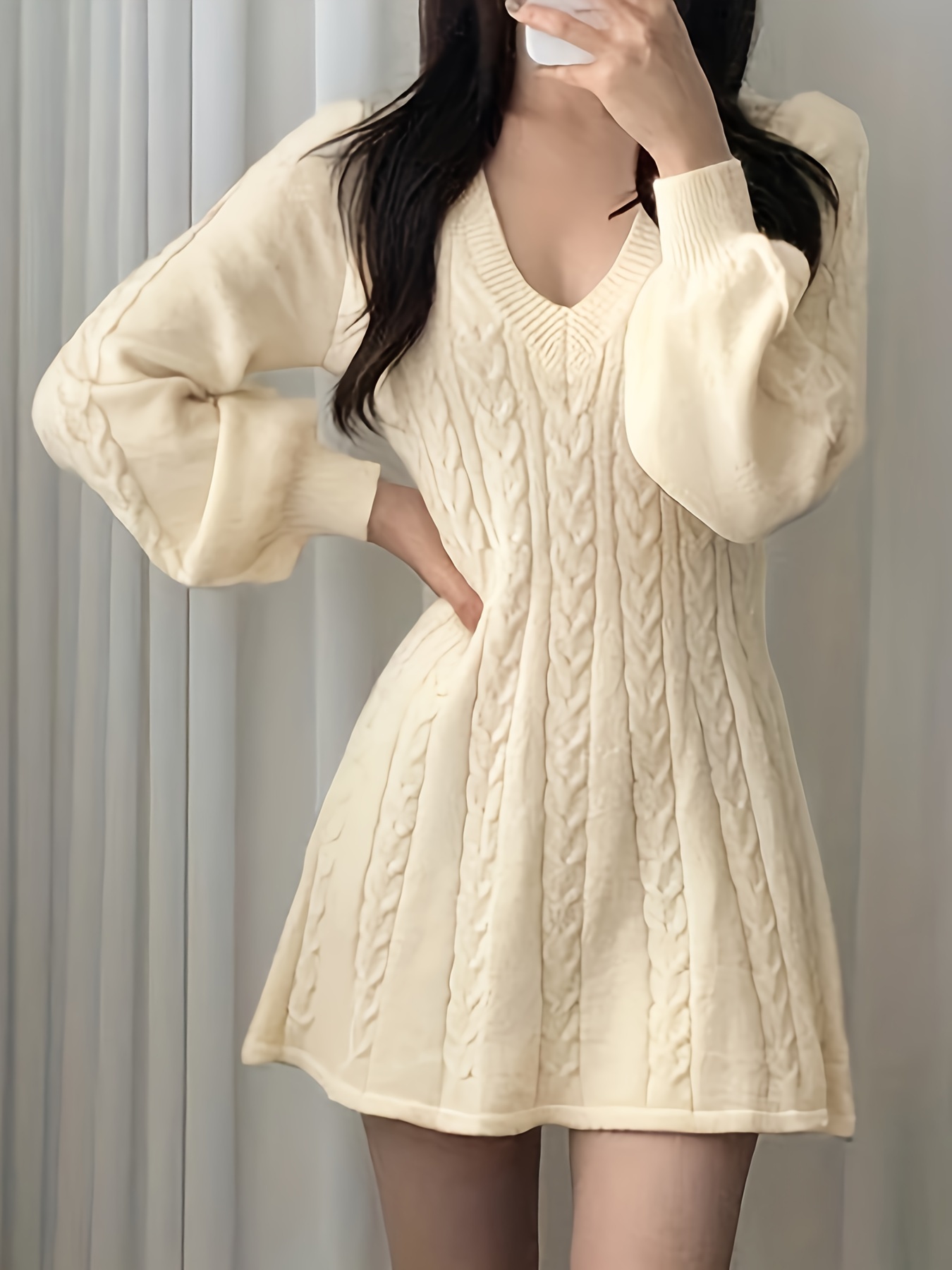 solid cable v neck sweater dress casual long sleeve a line dress womens clothing details 3