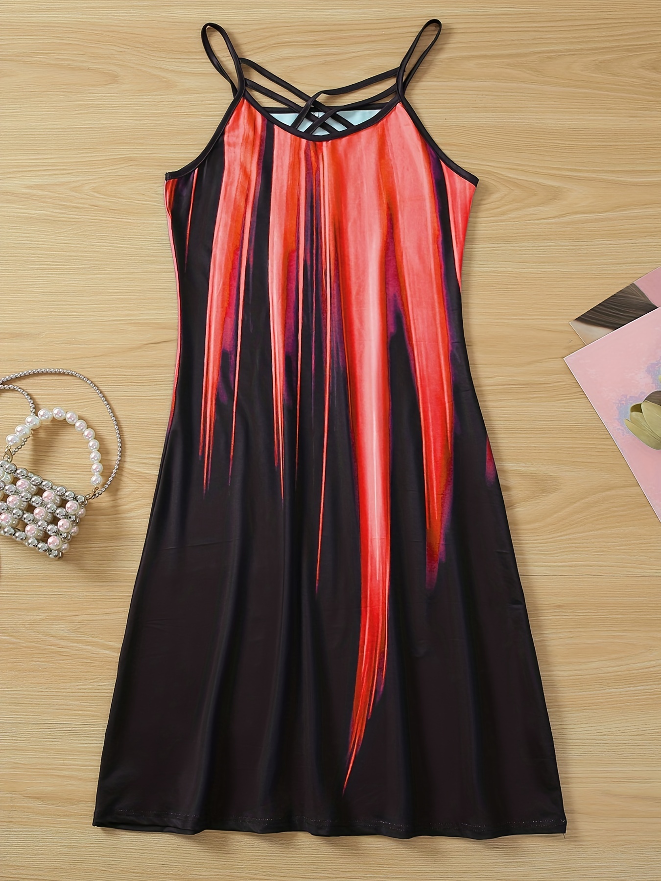 color block criss cross dress casual sleeveless spaghetti strap dress womens clothing details 1