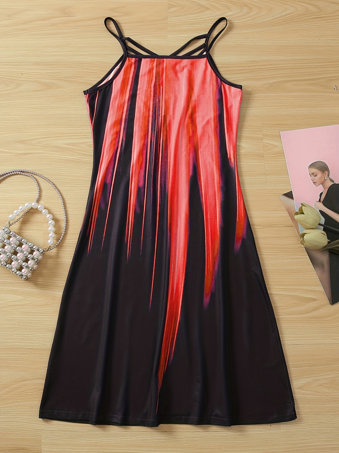 color block criss cross dress casual sleeveless spaghetti strap dress womens clothing details 2