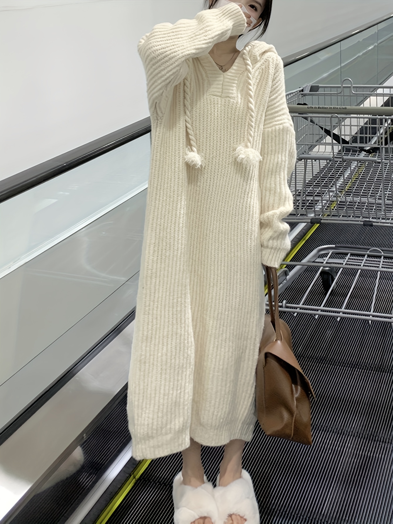 solid long sleeve hooded knit dress casual drawstring thermal dress for fall winter womens clothing details 12