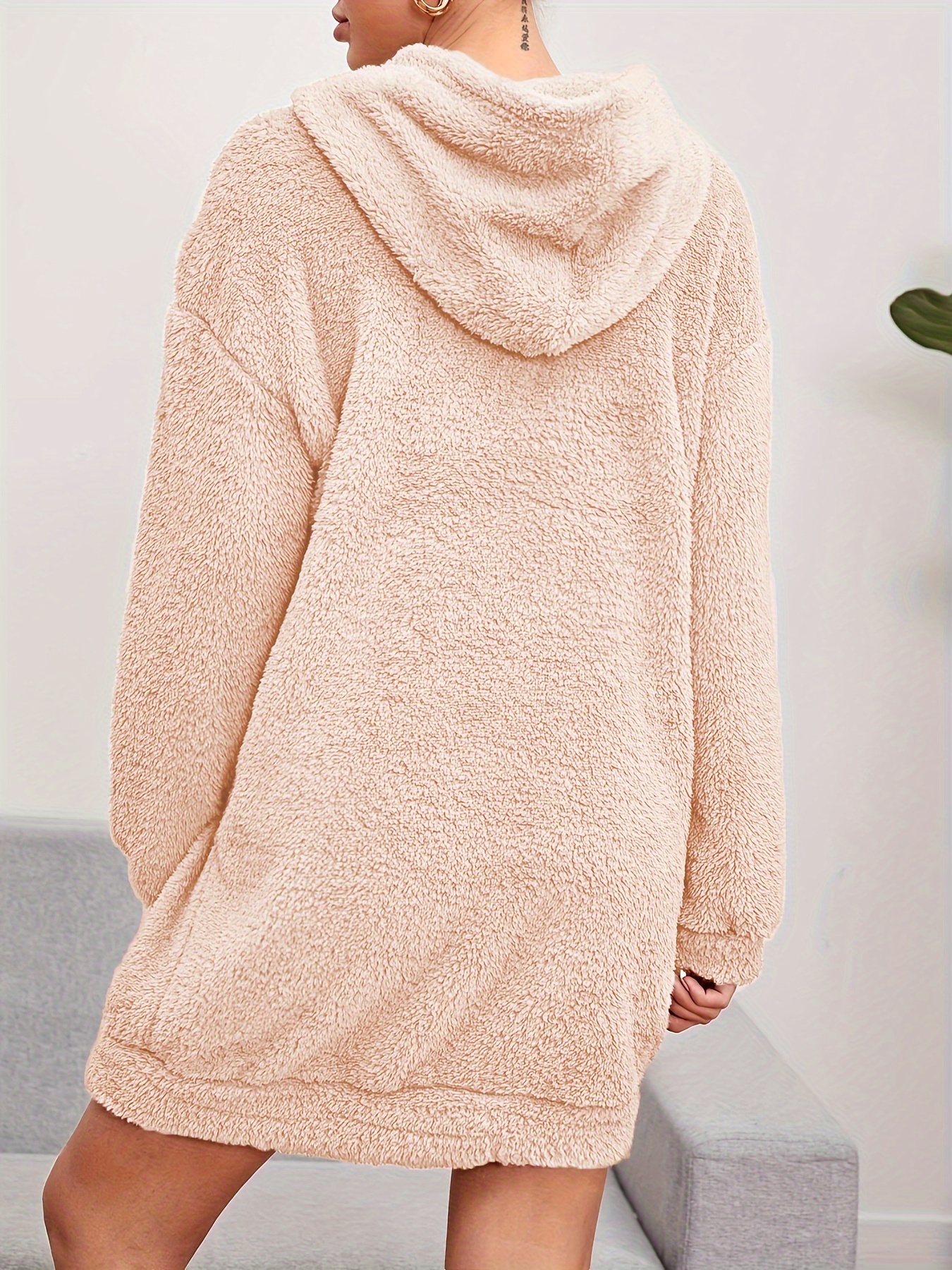 hooded teddy dress casual solid long sleeve warm dress womens clothing details 6