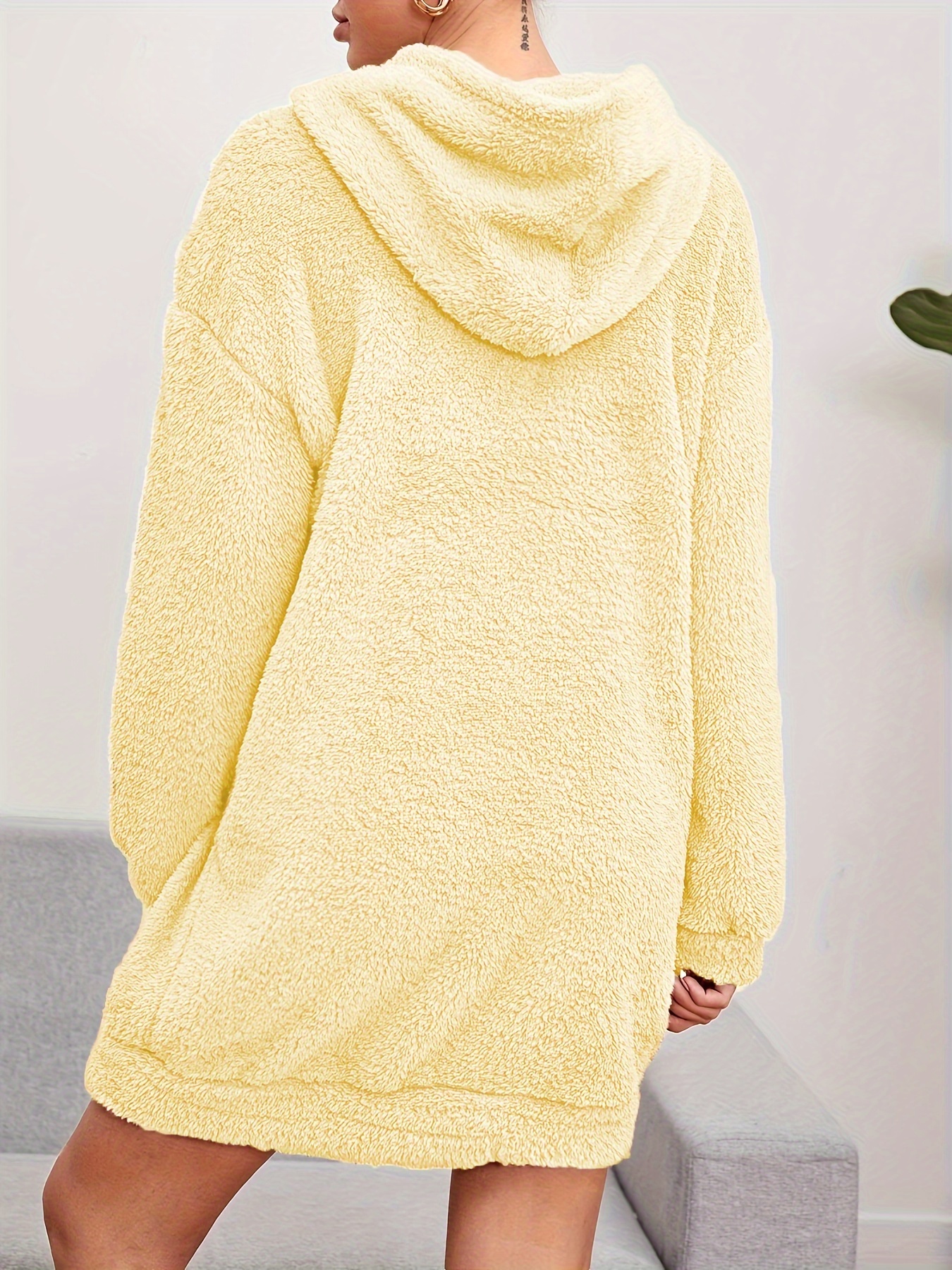 hooded teddy dress casual solid long sleeve warm dress womens clothing details 16