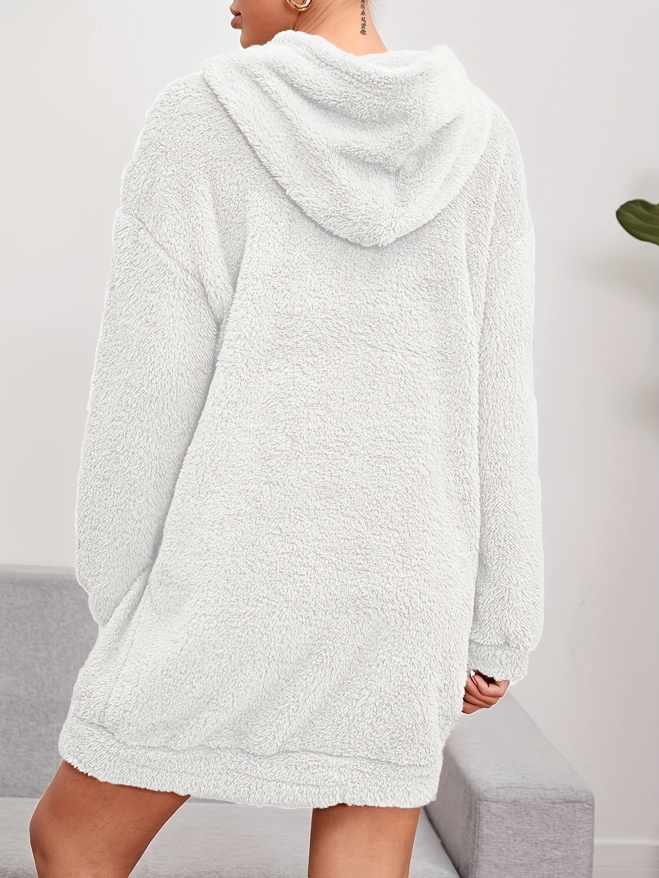 hooded teddy dress casual solid long sleeve warm dress womens clothing details 21