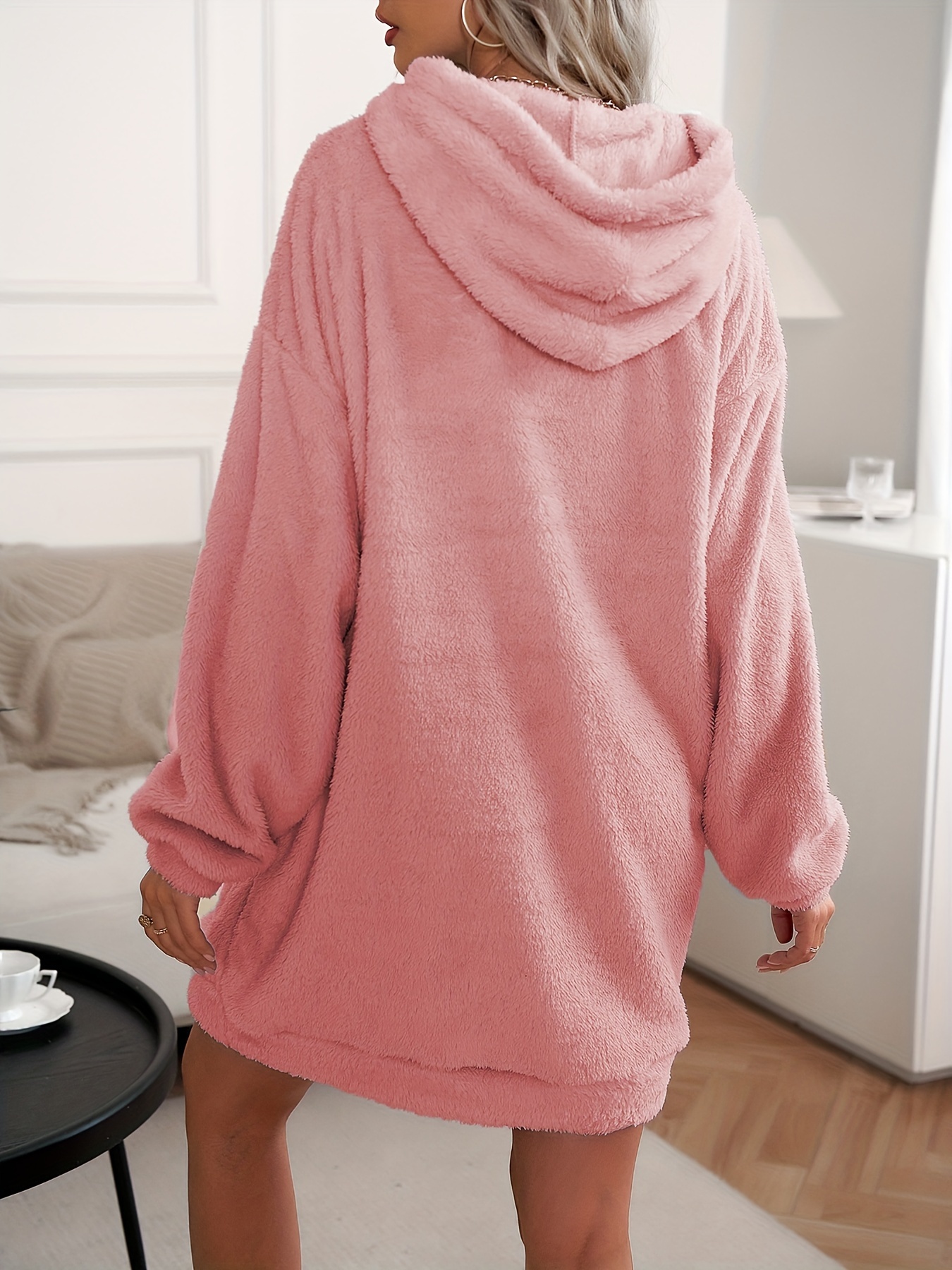 hooded teddy dress casual solid long sleeve warm dress womens clothing details 45