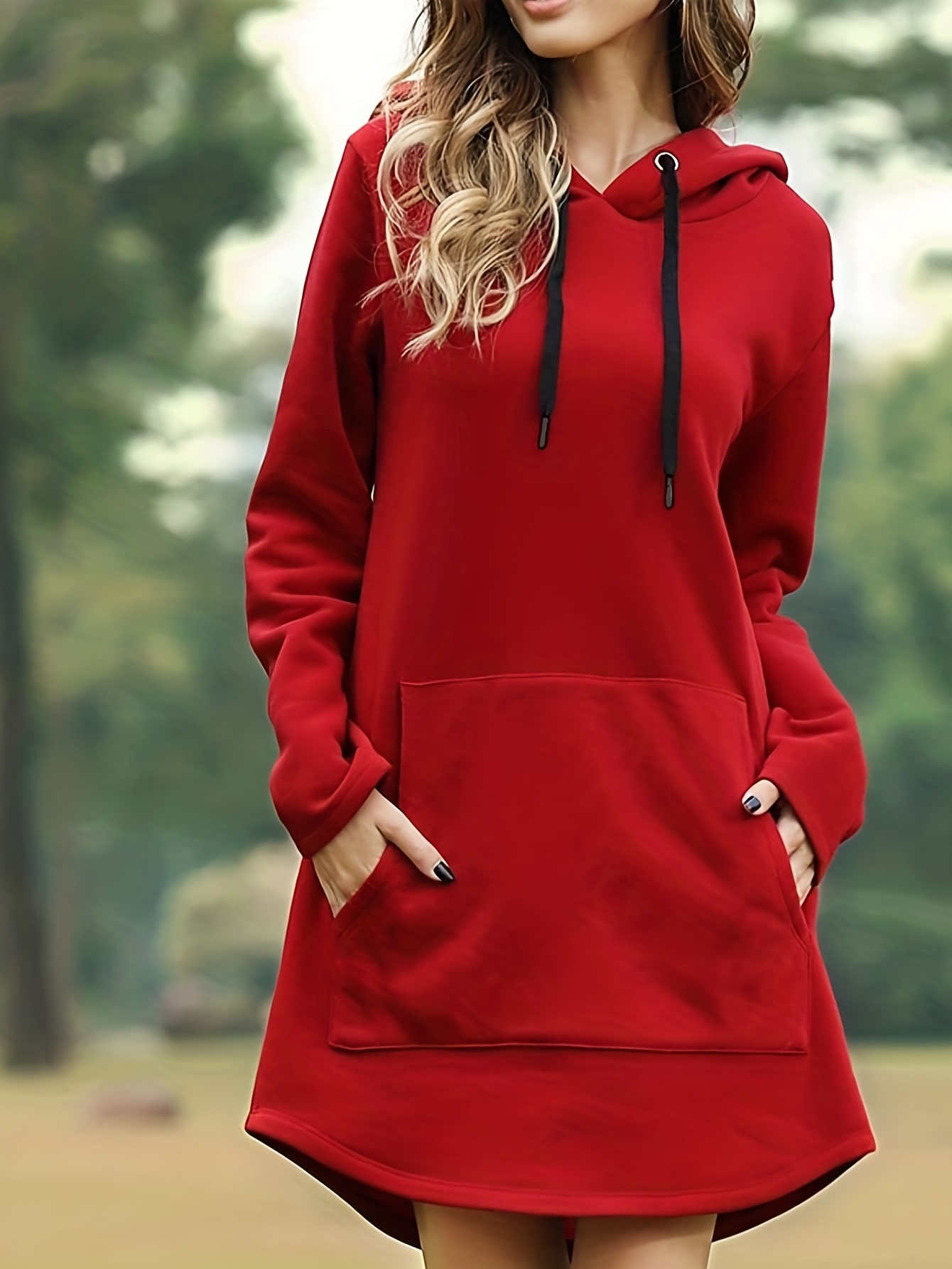 solid drawstring pocket hooded dress casual long sleeve dress for spring fall womens clothing details 12