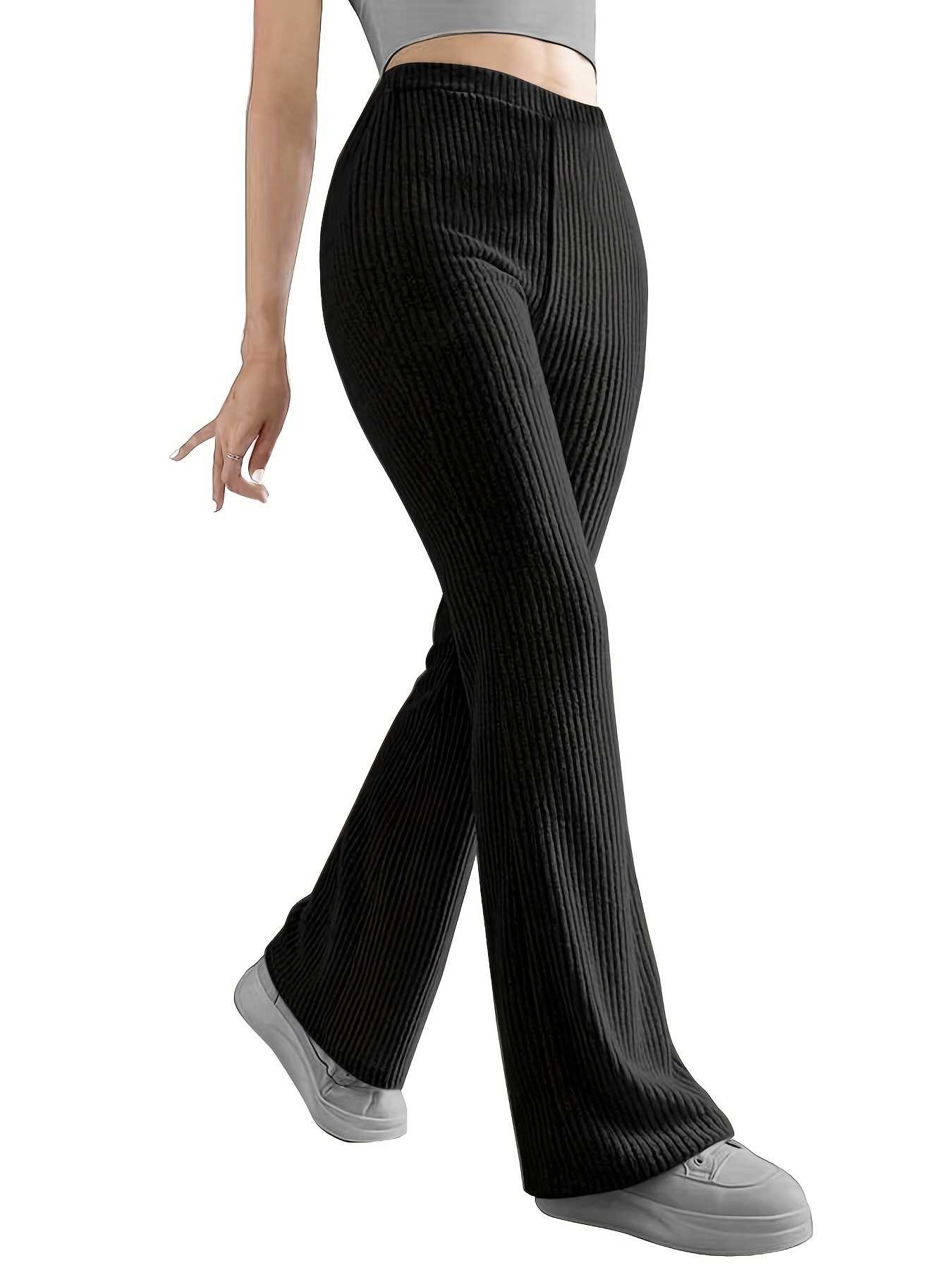 solid ribbed knit wide leg pants causal high waist pants for spring fall womens clothing details 0