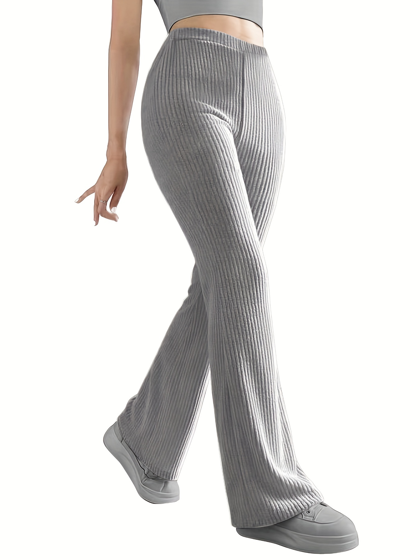 solid ribbed knit wide leg pants causal high waist pants for spring fall womens clothing details 6