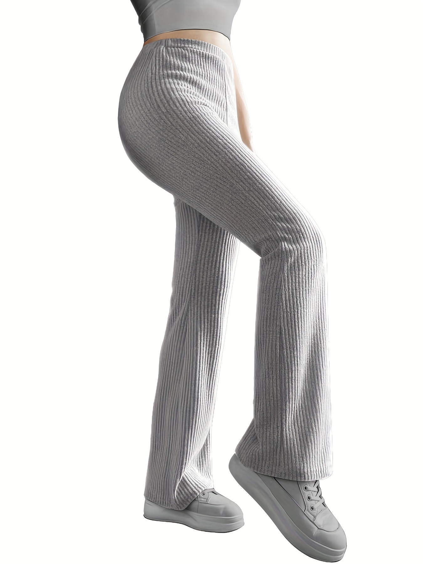 solid ribbed knit wide leg pants causal high waist pants for spring fall womens clothing details 7