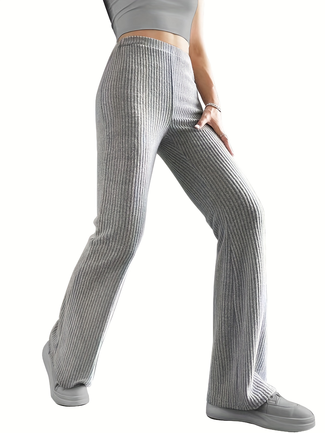 solid ribbed knit wide leg pants causal high waist pants for spring fall womens clothing details 9
