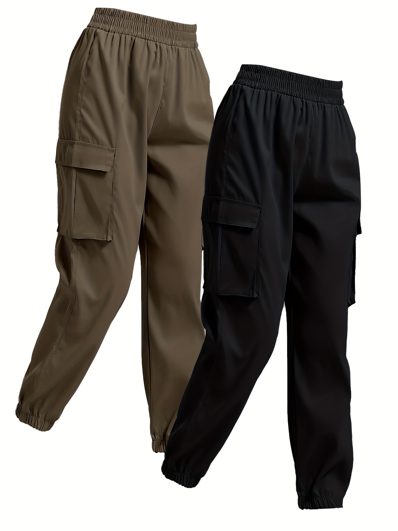 solid jogger cargo pants 2 pack casual flap pocket elastic waist pants womens clothing details 0