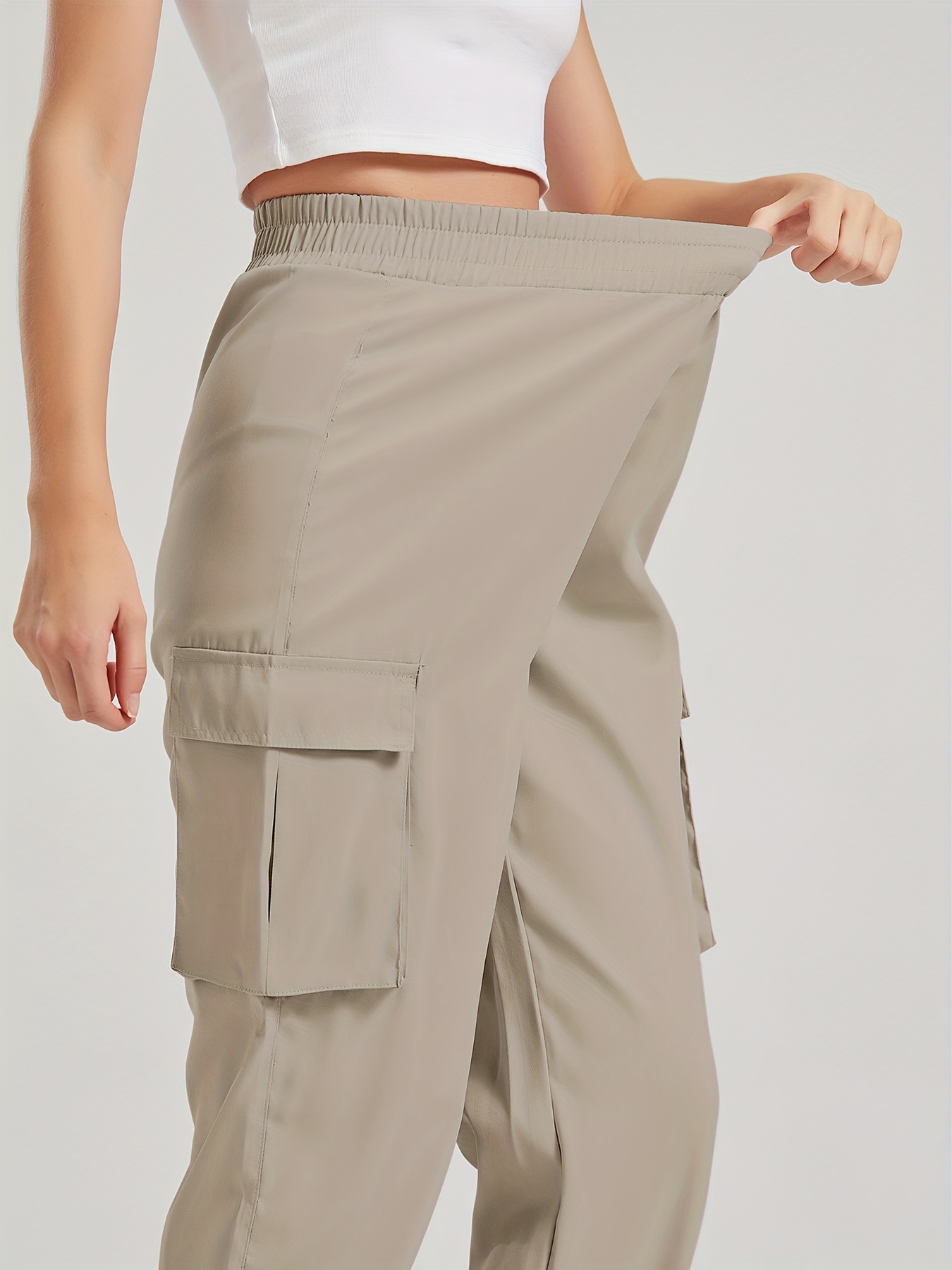 solid jogger cargo pants 2 pack casual flap pocket elastic waist pants womens clothing details 11