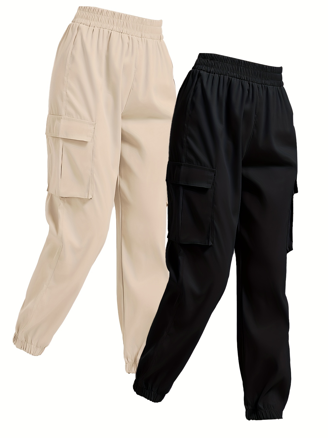 solid jogger cargo pants 2 pack casual flap pocket elastic waist pants womens clothing details 19