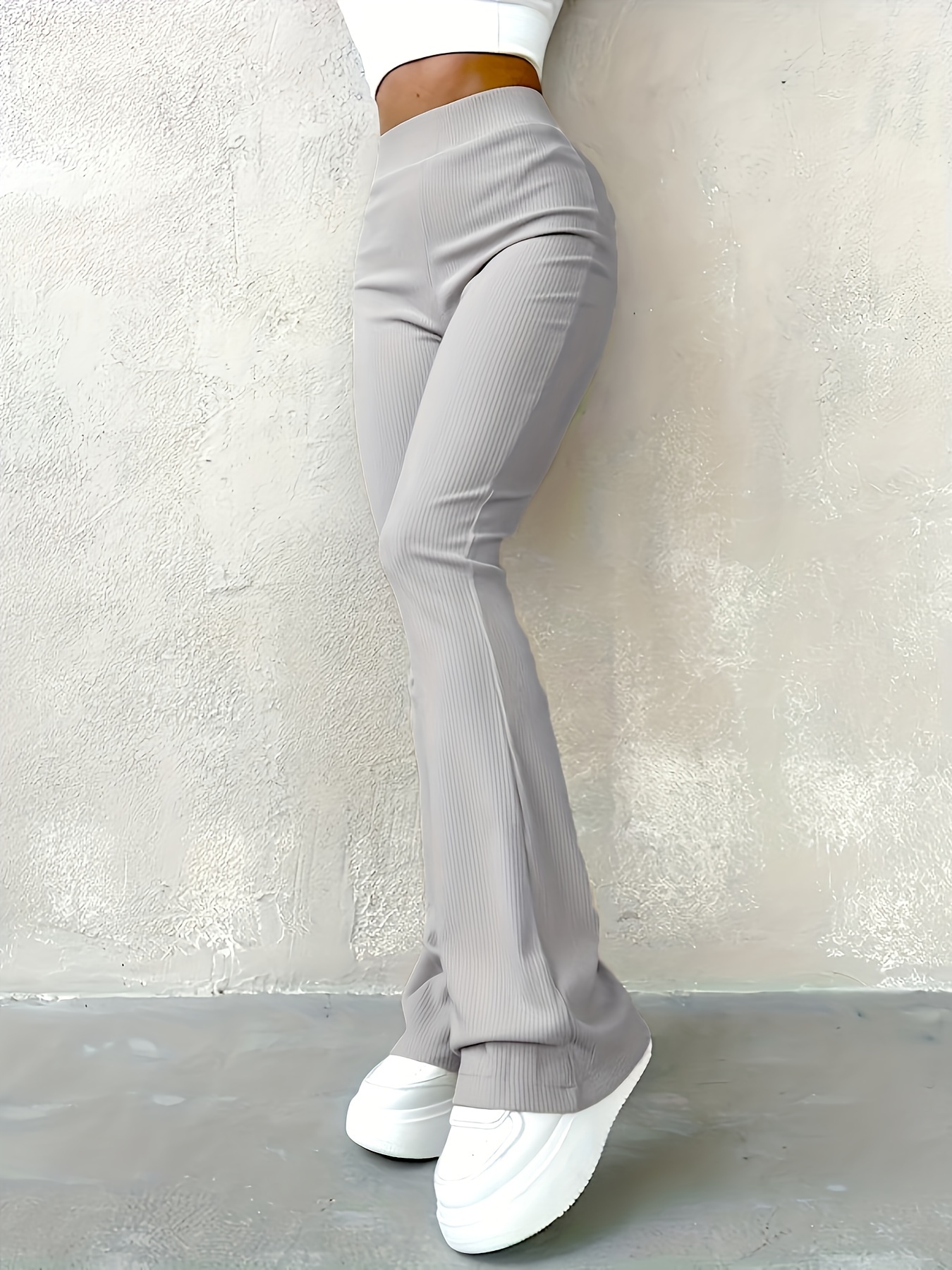 solid ribbed flare leg pants high waist slim elastic pants womens clothing details 5