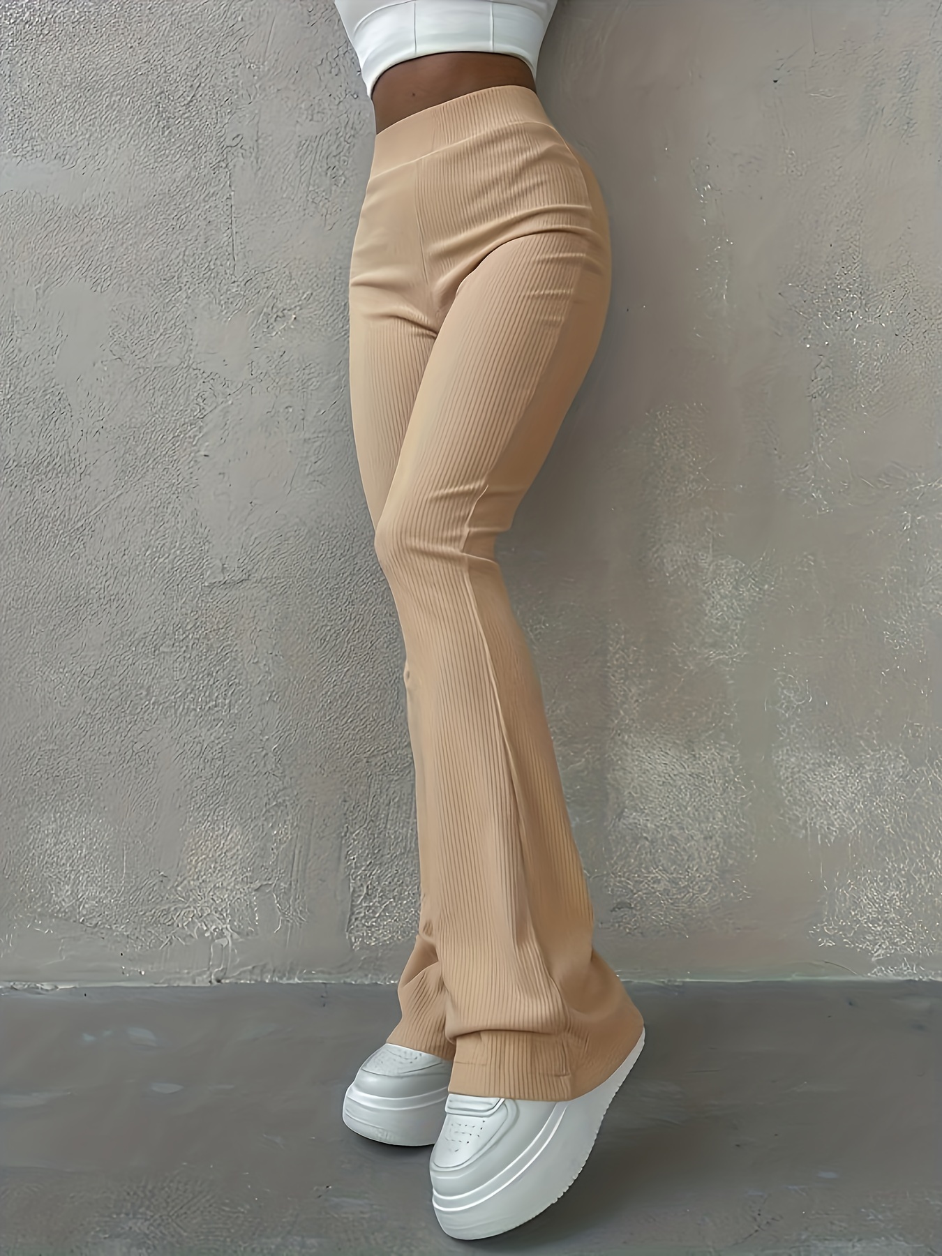 solid ribbed flare leg pants high waist slim elastic pants womens clothing details 10