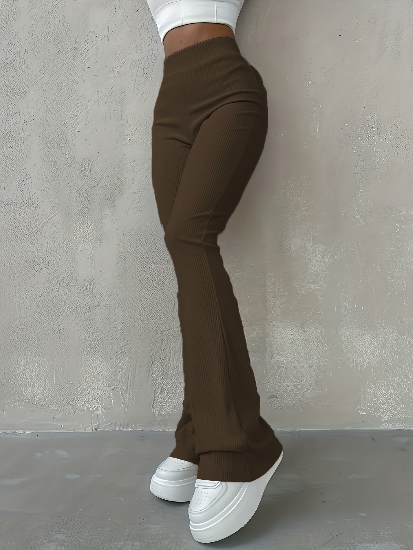 solid ribbed flare leg pants high waist slim elastic pants womens clothing details 15