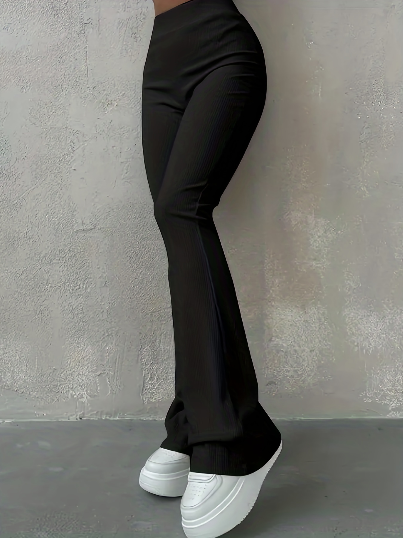 solid ribbed flare leg pants high waist slim elastic pants womens clothing details 36
