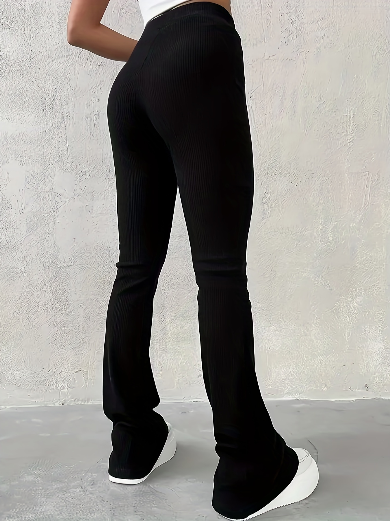 solid ribbed flare leg pants high waist slim elastic pants womens clothing details 38