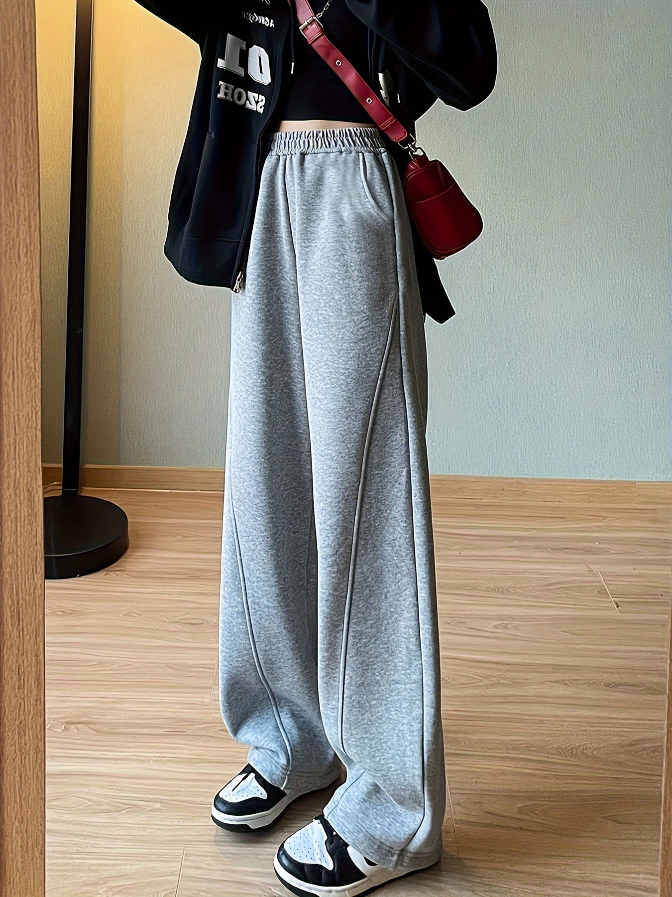 solid elastic high waist sweatpants, solid elastic high waist sweatpants casual sporty wide leg pants with pocket womens clothing details 11