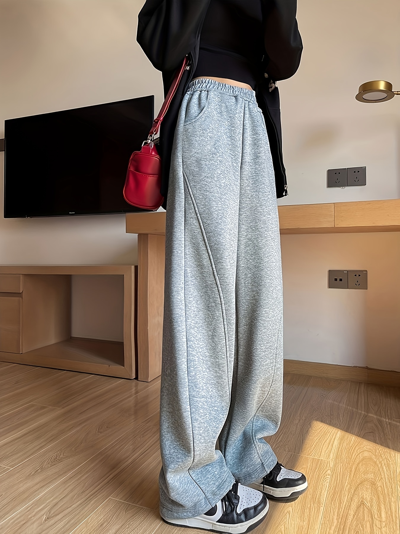 solid elastic high waist sweatpants, solid elastic high waist sweatpants casual sporty wide leg pants with pocket womens clothing details 12